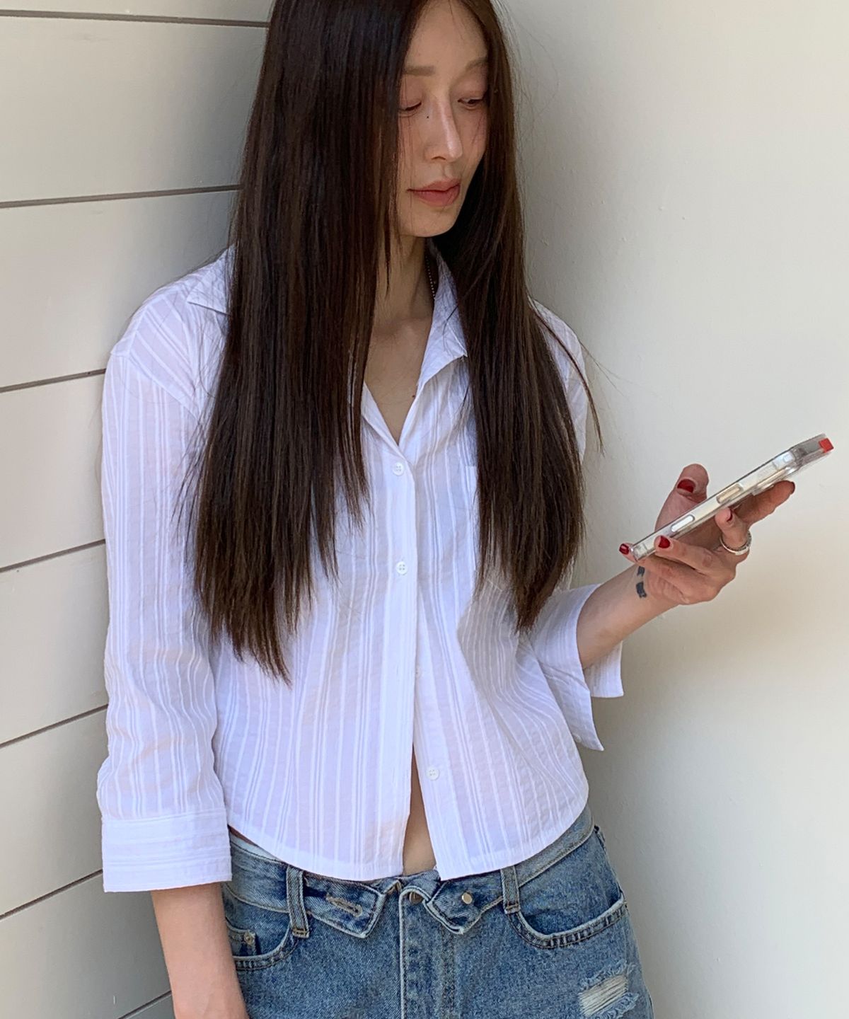 우네씬(UUNE SCENE) Jacquard Stripe Vintage Shirt_Ivory