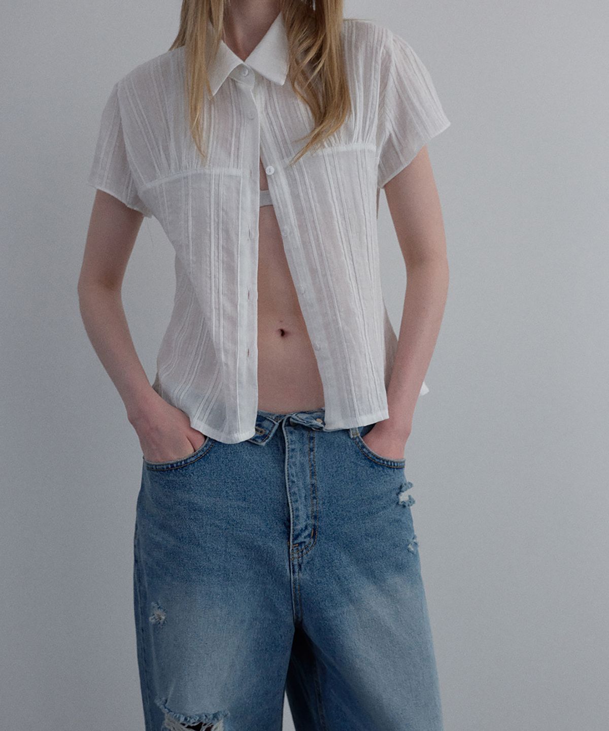 우네씬(UUNE SCENE) Sheer Cap Sleeve Shirt_Ivory