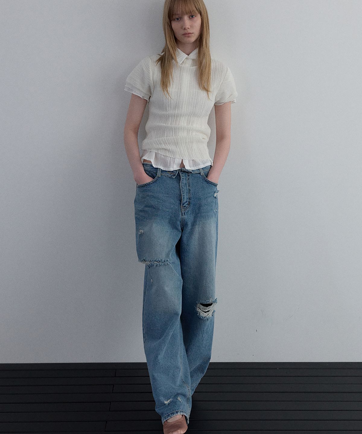 우네씬(UUNE SCENE) Pleated Half-Neck Knit_Ivory