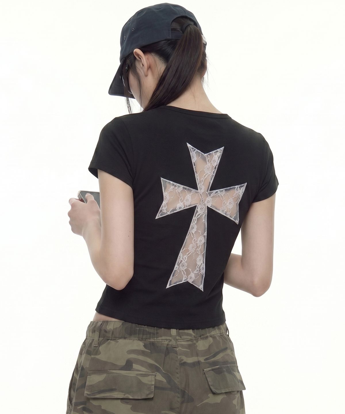 그레이버(GRAVER) [WOMAN]LACE BACK CROSS 반팔티_BLACK