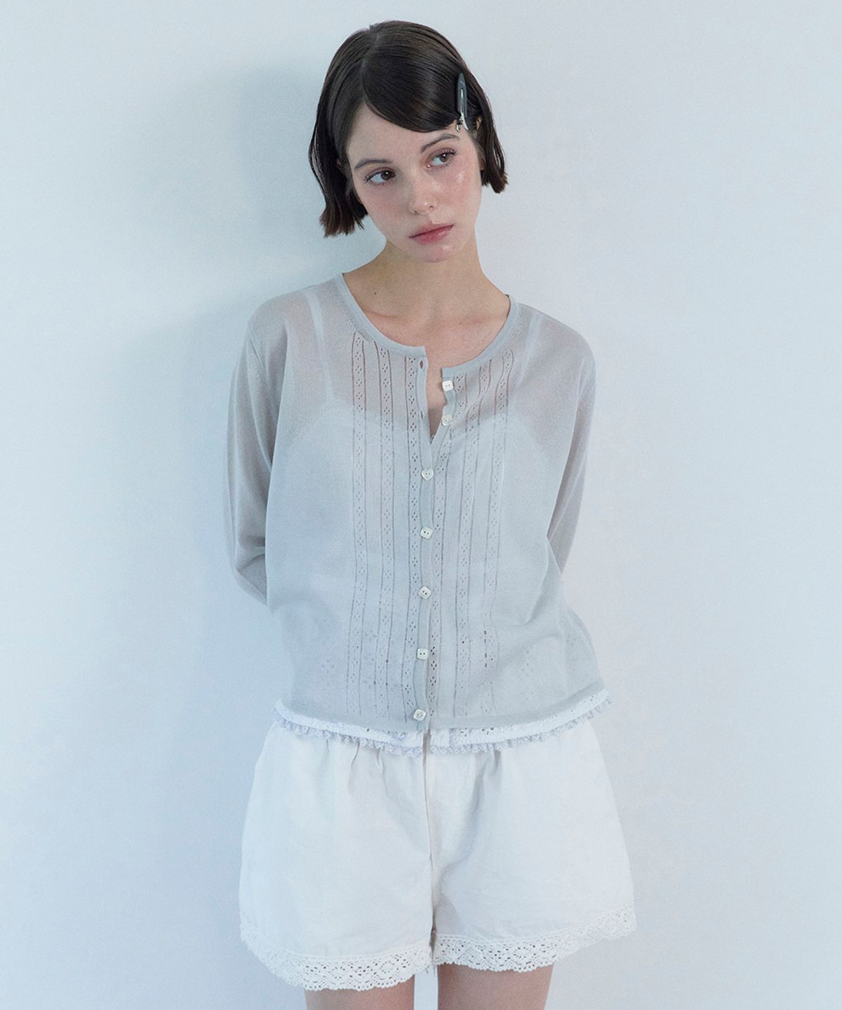 베이비블루니들즈(BABYBLUENEEDLES) Glossy Crochet Knit Cardigan SILVER GREY