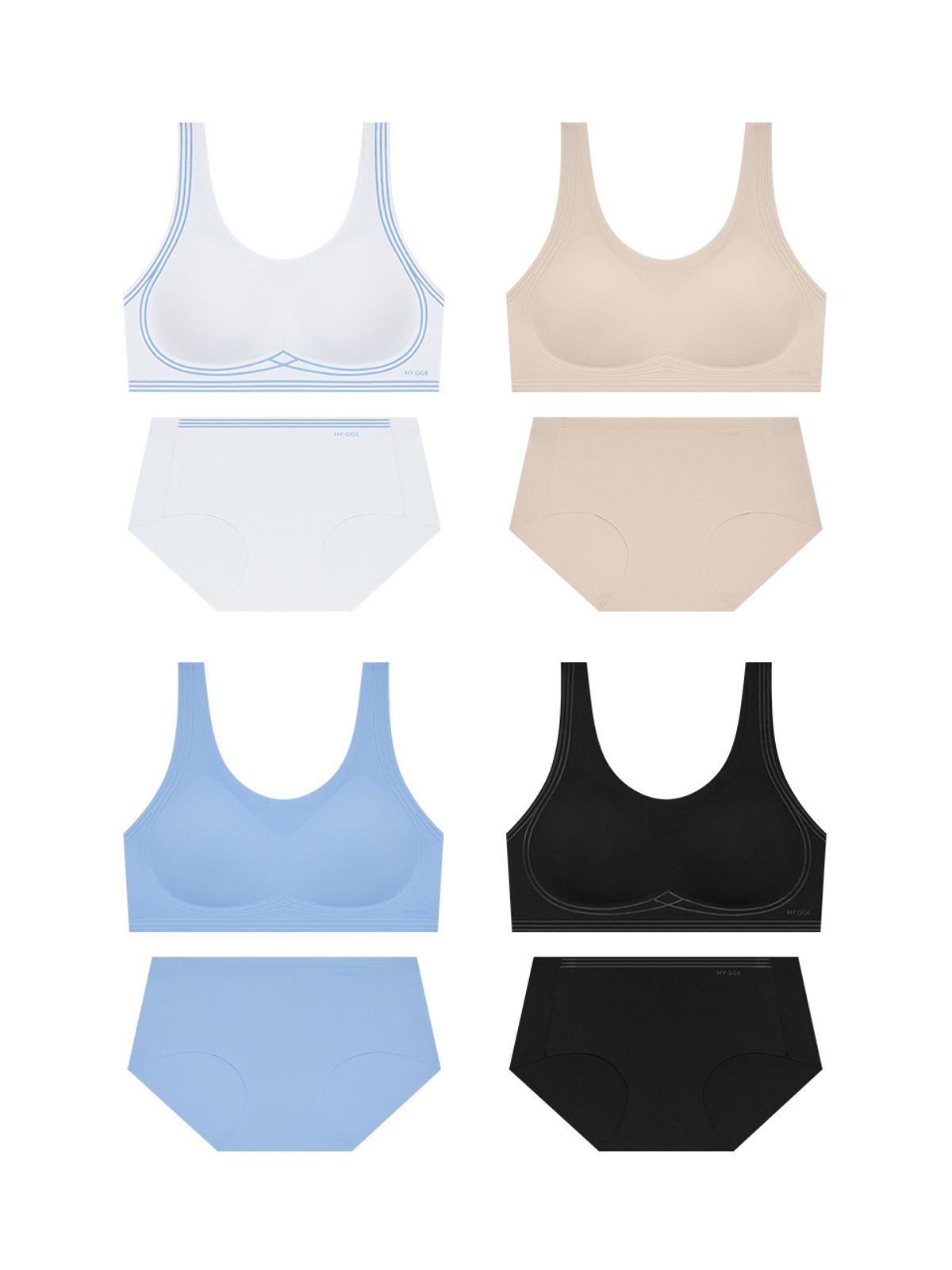 휘게 언더웨어(HYGGE UNDERWEAR) 라인 핏 메쉬 프리컷 스포츠 브라 팬티 세트 - 4Colors