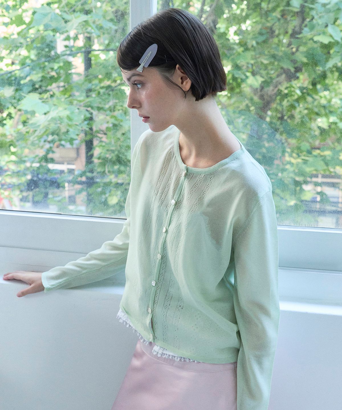 베이비블루니들즈(BABYBLUENEEDLES) Glossy Crochet Knit Cardigan APPLE MINT