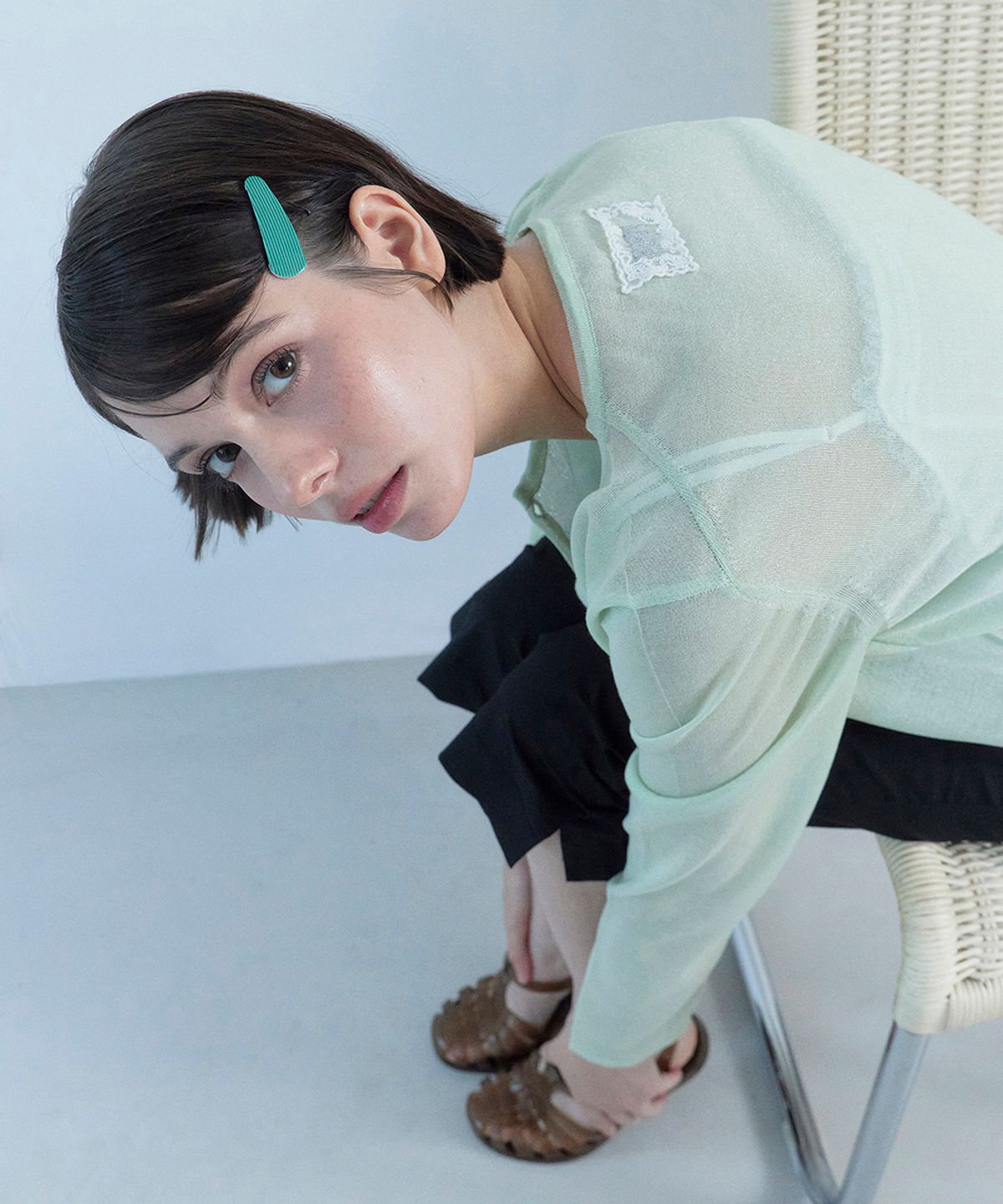 베이비블루니들즈(BABYBLUENEEDLES) Glossy Crochet Knit Cardigan APPLE MINT