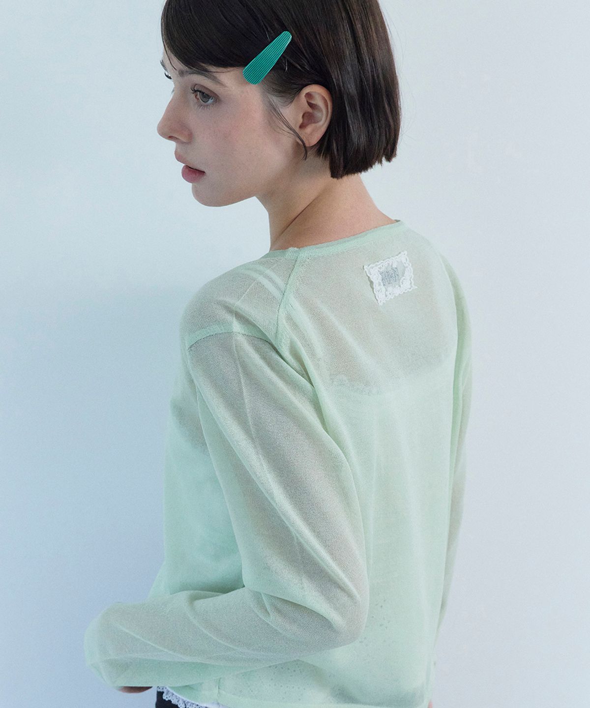 베이비블루니들즈(BABYBLUENEEDLES) Glossy Crochet Knit Cardigan APPLE MINT