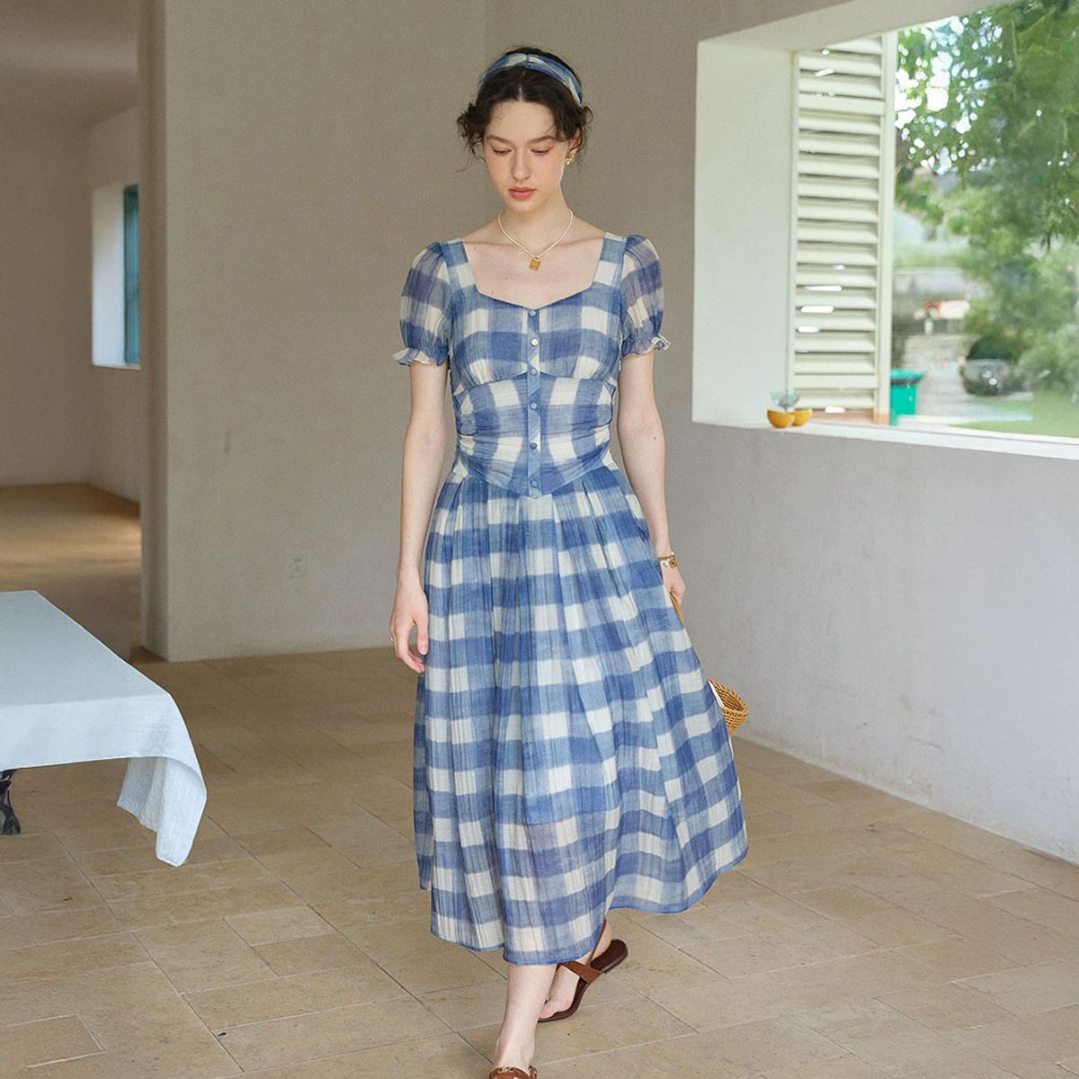 심플레트로(SIMPLE RETRO) SR_Blue checkered cinching dress