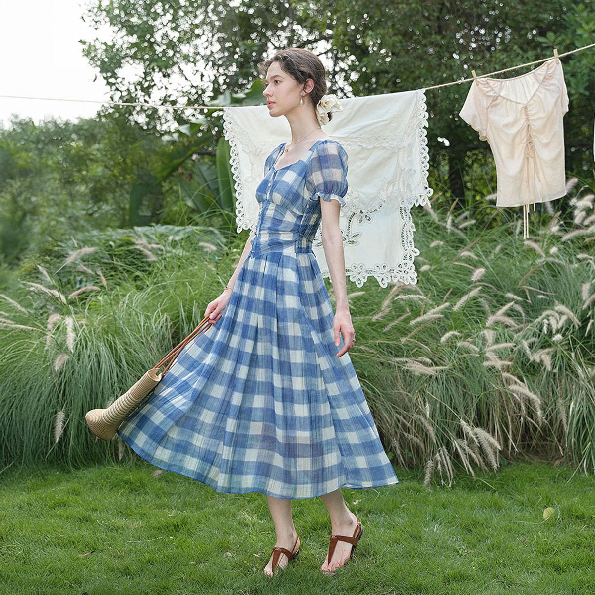 심플레트로(SIMPLE RETRO) SR_Blue checkered cinching dress