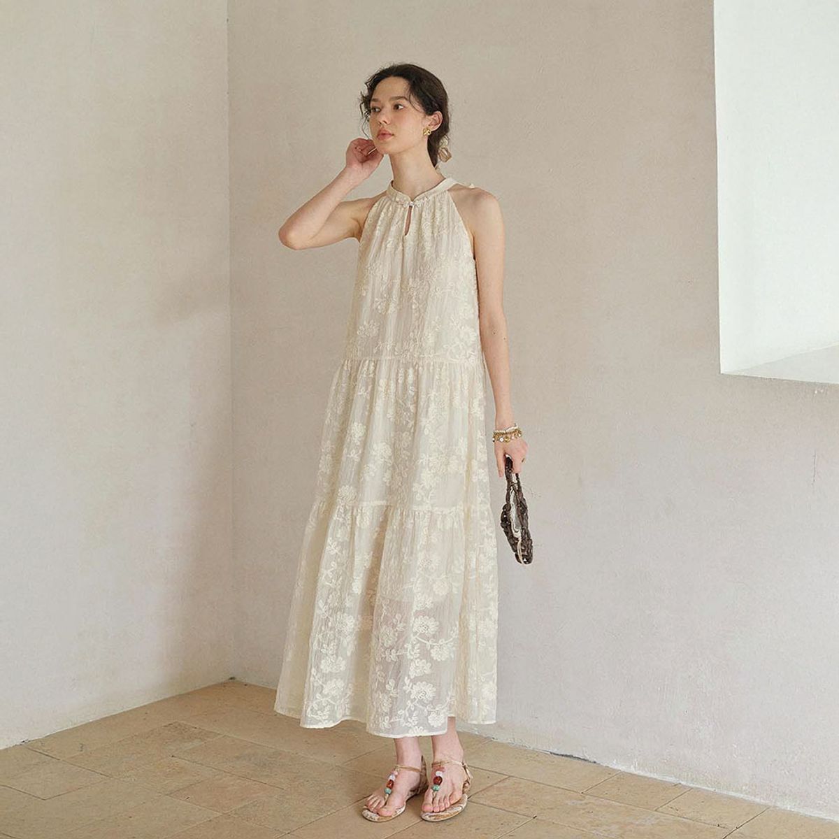 심플레트로(SIMPLE RETRO) SR_Halter-neck vacation maxi dress
