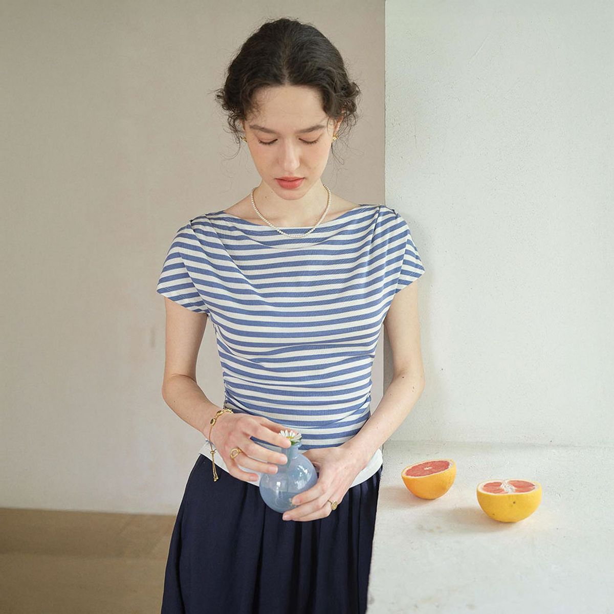 심플레트로(SIMPLE RETRO) SR_Wavy collar striped top_2color