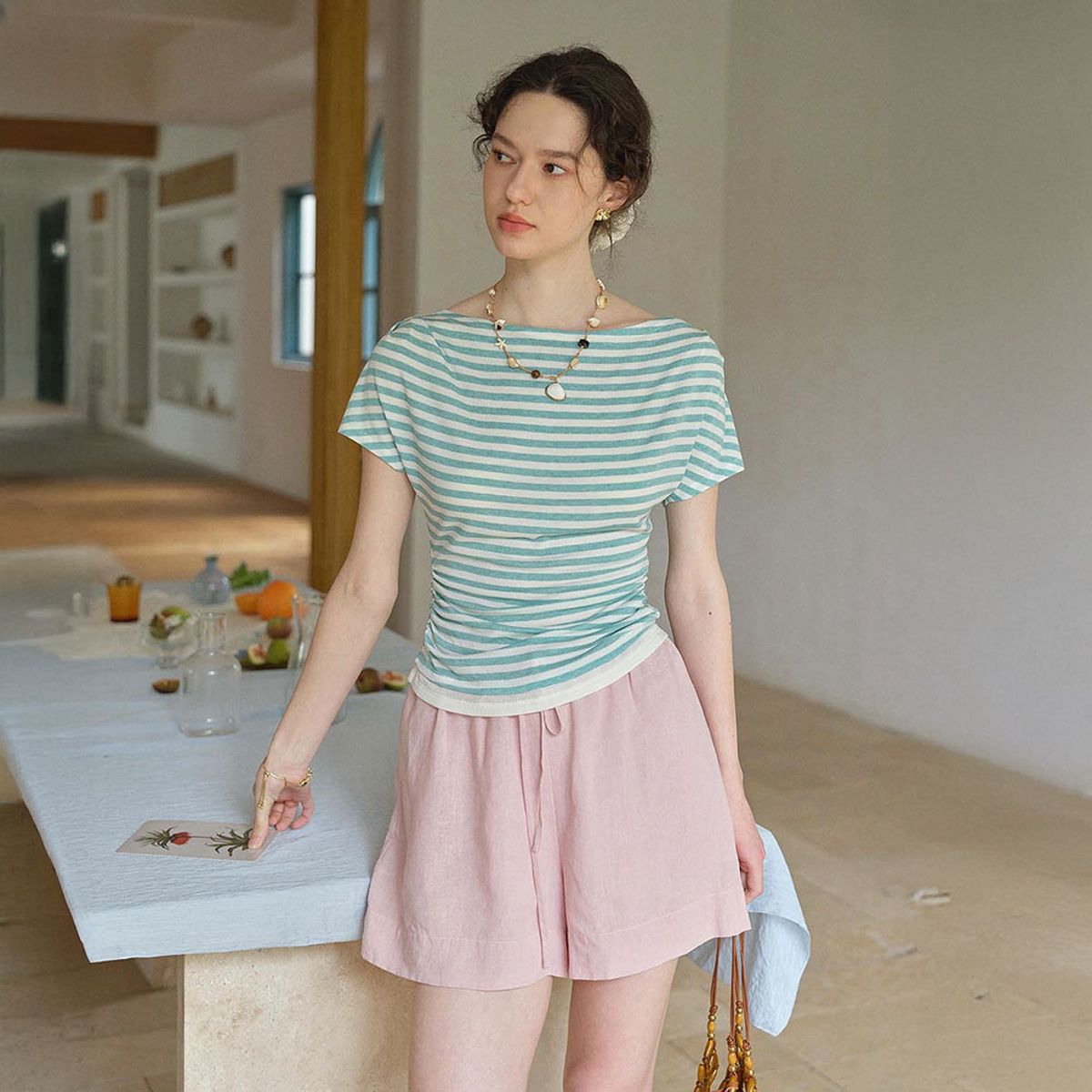 심플레트로(SIMPLE RETRO) SR_Wavy collar striped top_2color