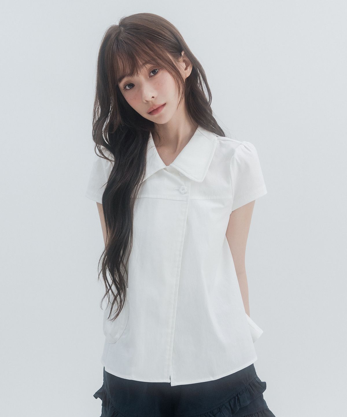 하이스쿨디스코(HIGH SCHOOL DISCO) 더블버튼 퍼프소매 블라우스_화이트