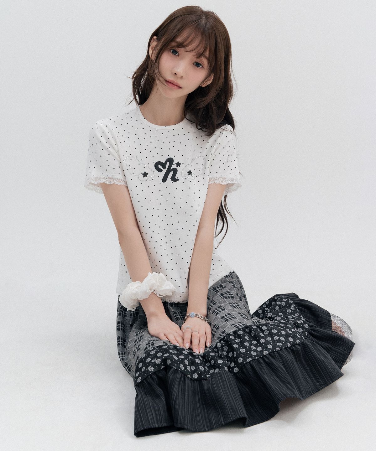 하이스쿨디스코(HIGH SCHOOL DISCO) 믹스 체크 티어드 미디스커트_블랙