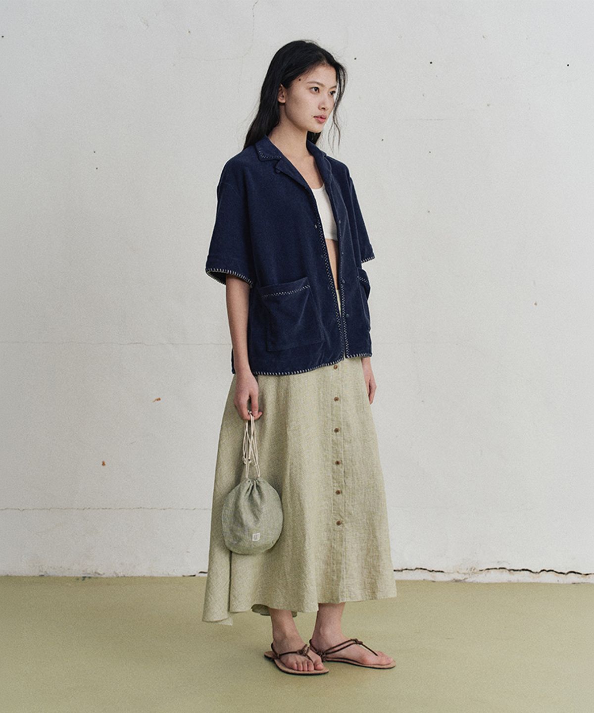 모노크롬(MONOCHROME) beze button check skirt (green)