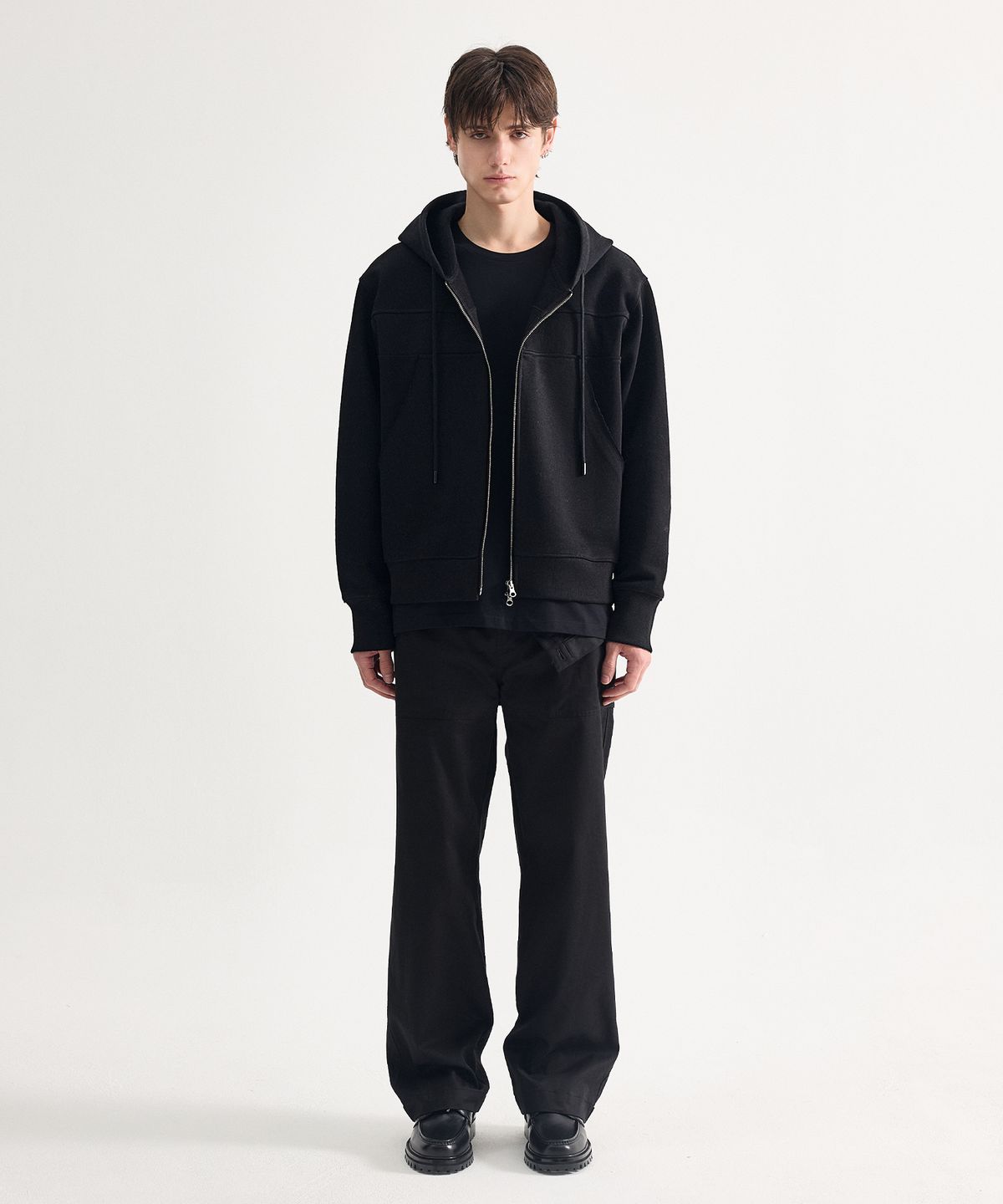 에이치직(H.JIK) Deconstructed Rib Panel Zip-up Hoodie- Black