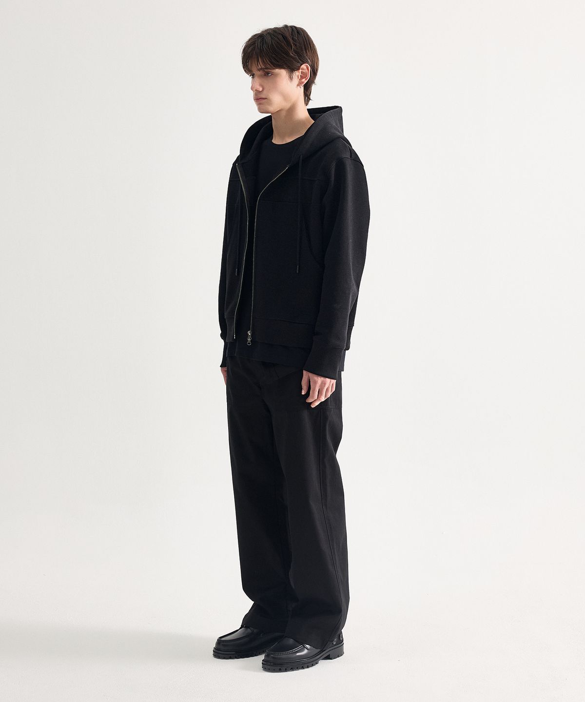 에이치직(H.JIK) Deconstructed Rib Panel Zip-up Hoodie- Black