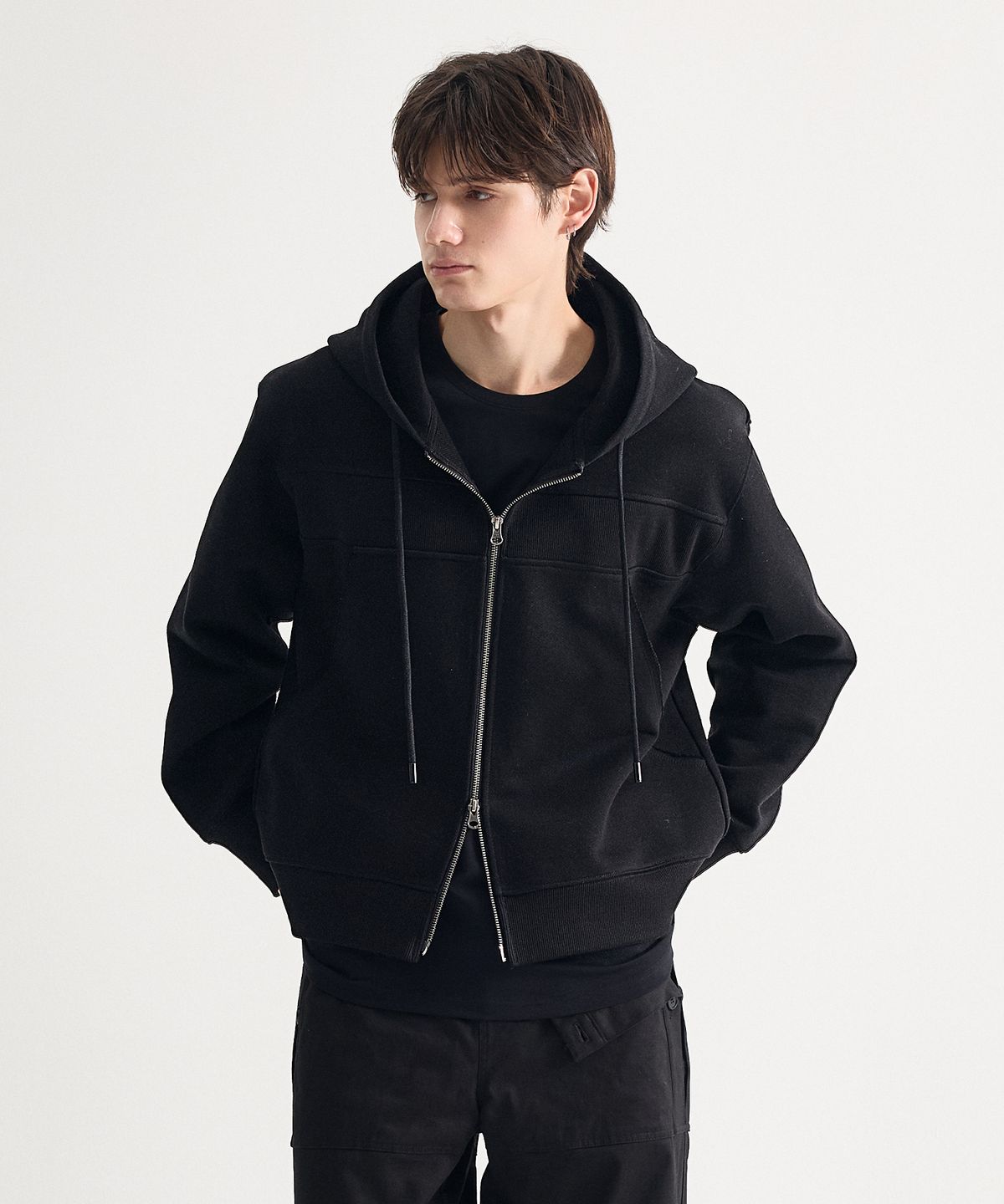 에이치직(H.JIK) Deconstructed Rib Panel Zip-up Hoodie- Black