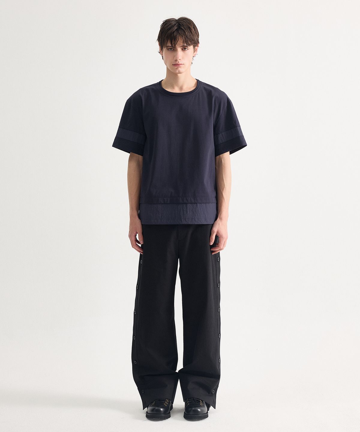 에이치직(H.JIK) Multi Raw-edge Panelled T-shirt-Navy