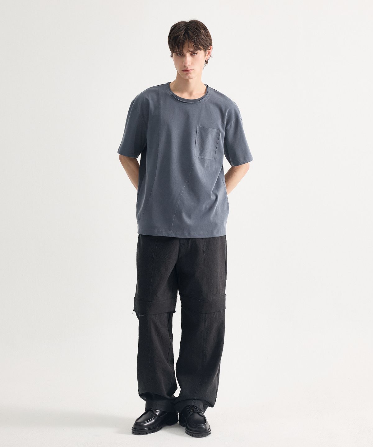 에이치직(H.JIK) Pigment Raw-edge Asymmetric Panel T-shirt -Dusty Blue