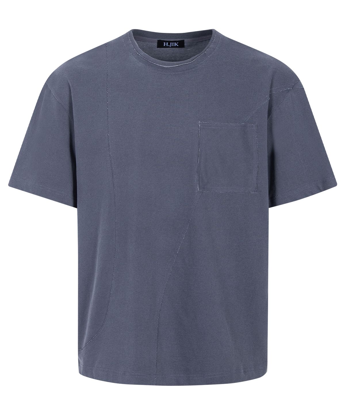 에이치직(H.JIK) Pigment Raw-edge Asymmetric Panel T-shirt -Dusty Blue