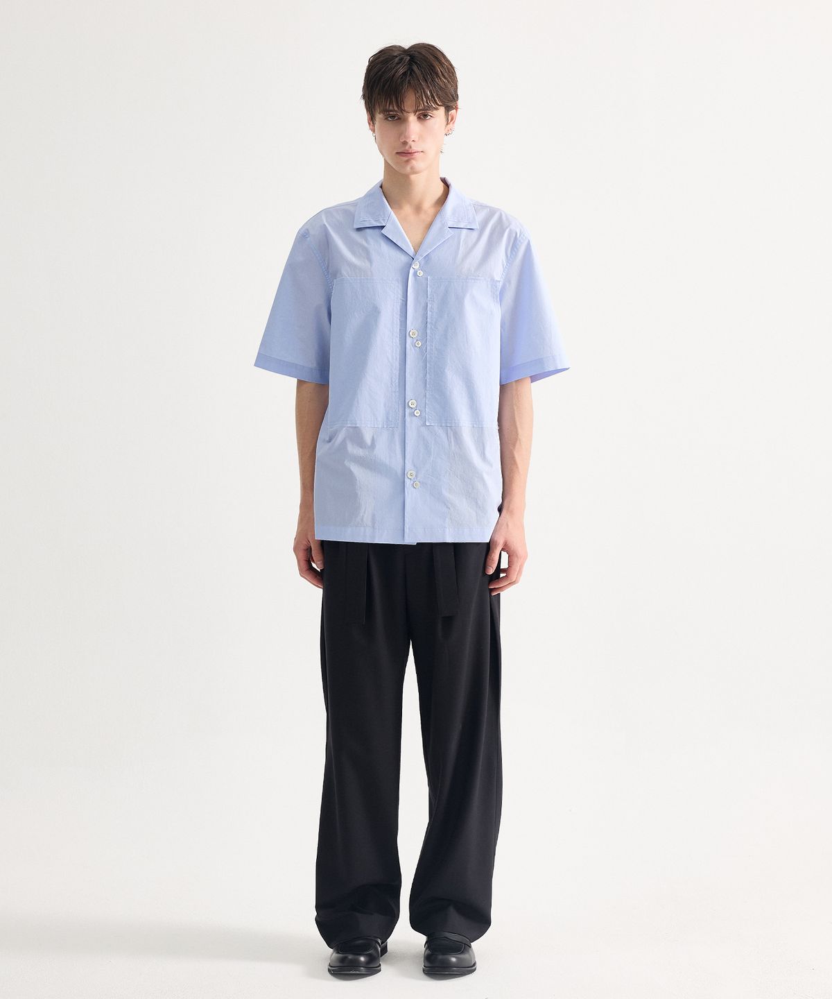 에이치직(H.JIK) Layered Open Collar Raw-edge Shirt - Sky Blue