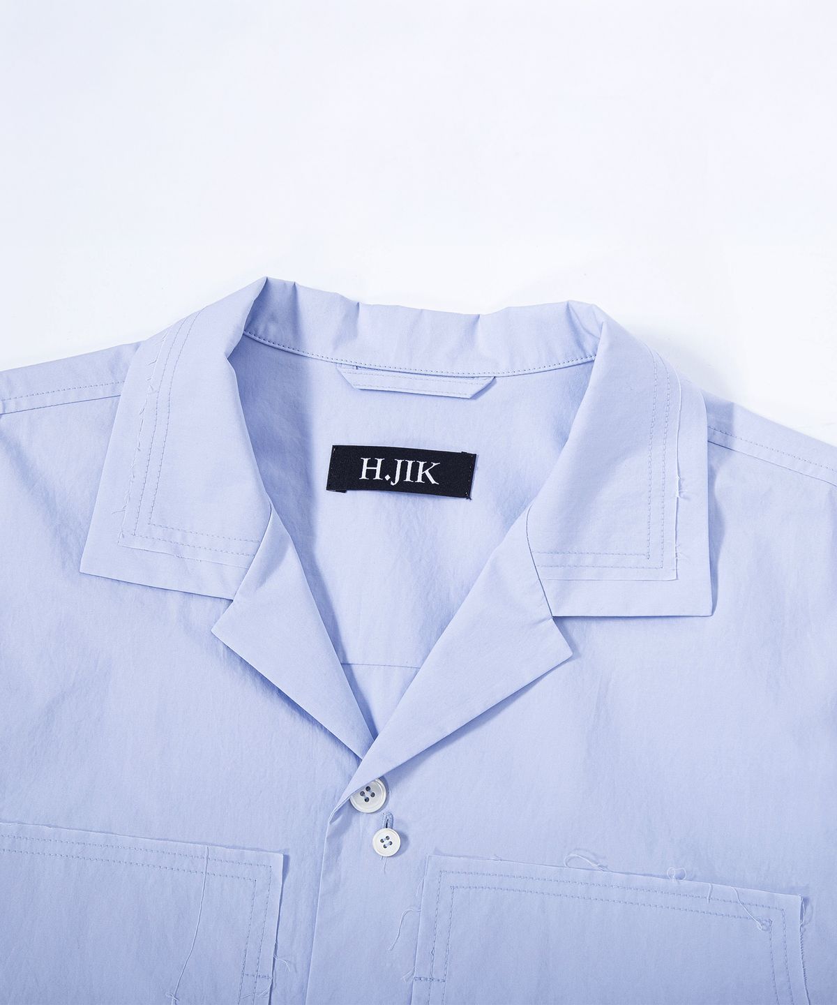 에이치직(H.JIK) Layered Open Collar Raw-edge Shirt - Sky Blue