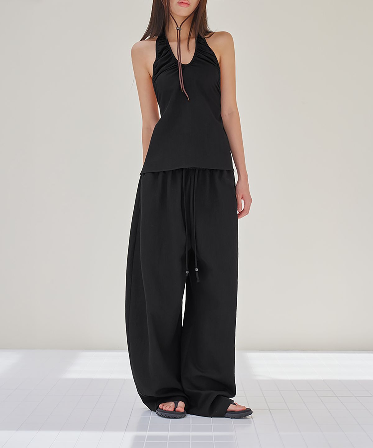 런던다다(LONDONDADA) Linen-Like Balloon String Pants, BLACK