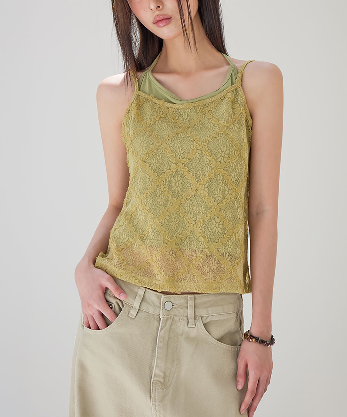 런던다다(LONDONDADA) Floral Lace Layered Tank Top, OLIVE