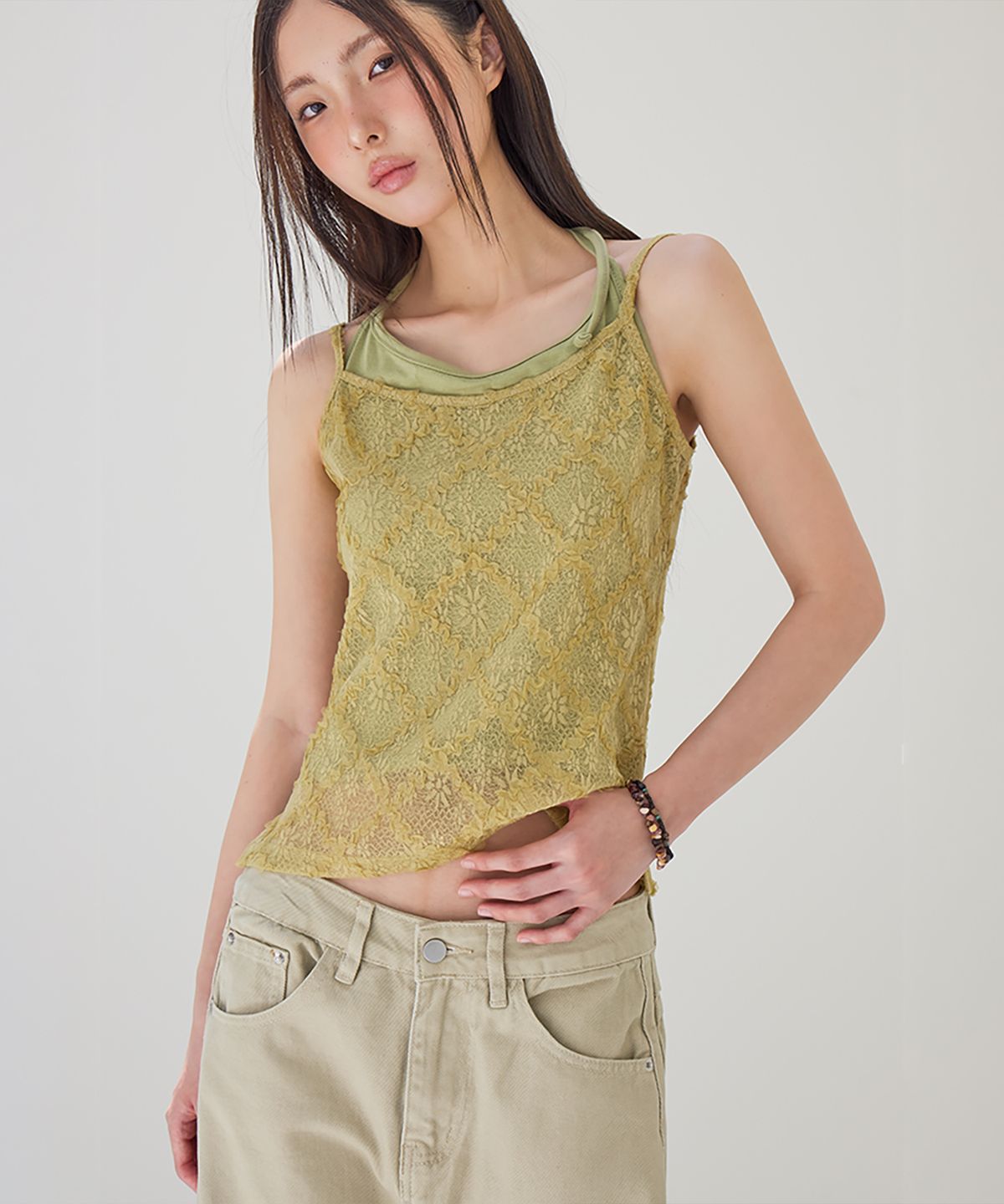 런던다다(LONDONDADA) Floral Lace Layered Tank Top, OLIVE