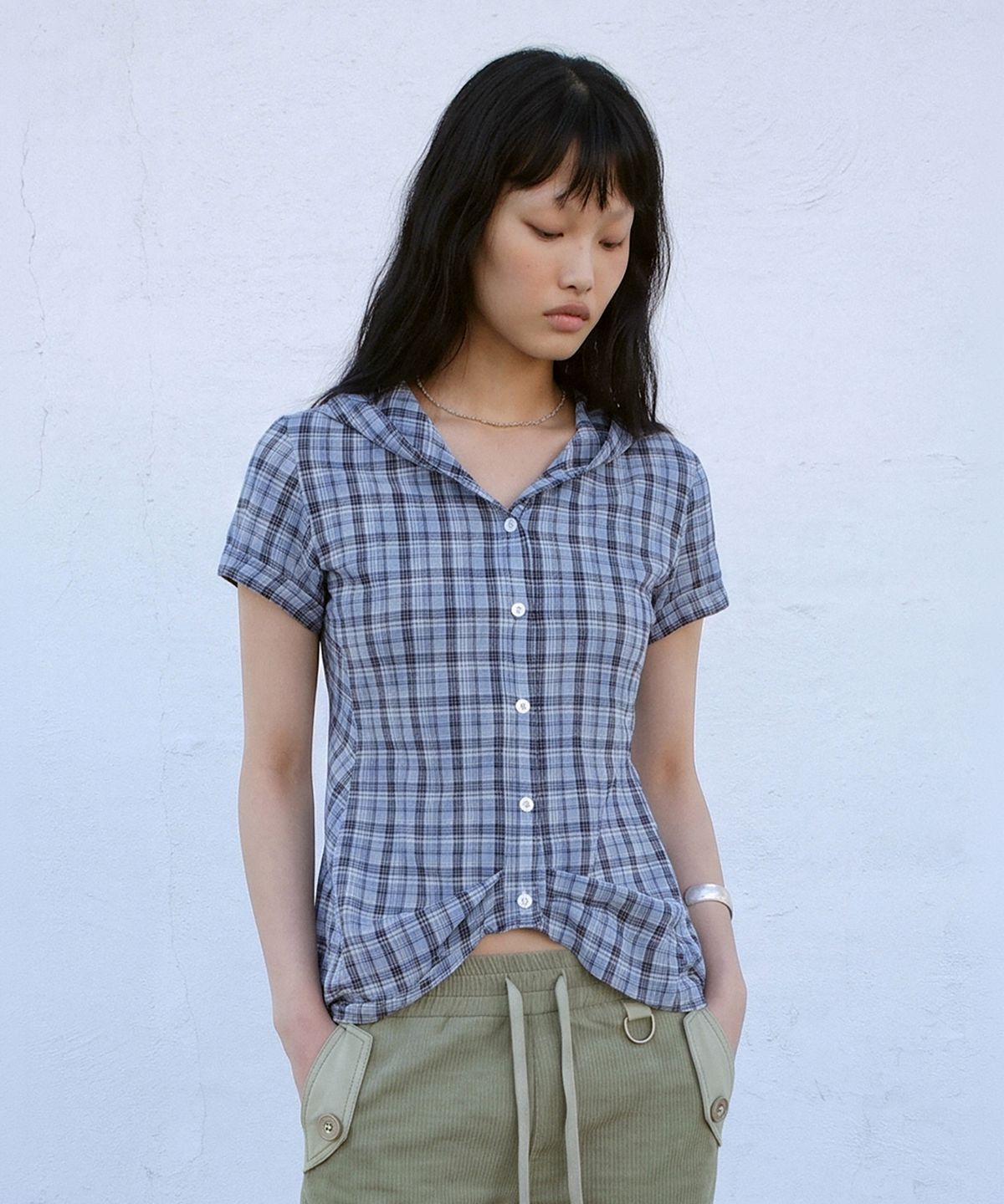 솜속(SOMSOC) RIA HOODED BALLOON CHECK HALF SHIRT_BLUE