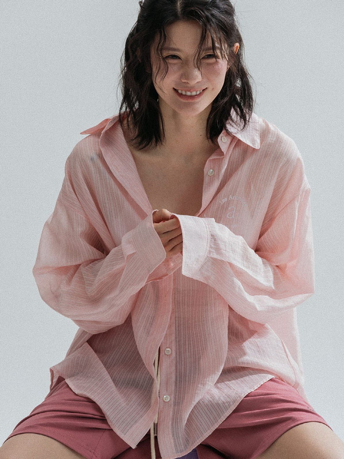 앤하츠(ANNEHEARTS) Pinstripe Sheer Shirt_PINK