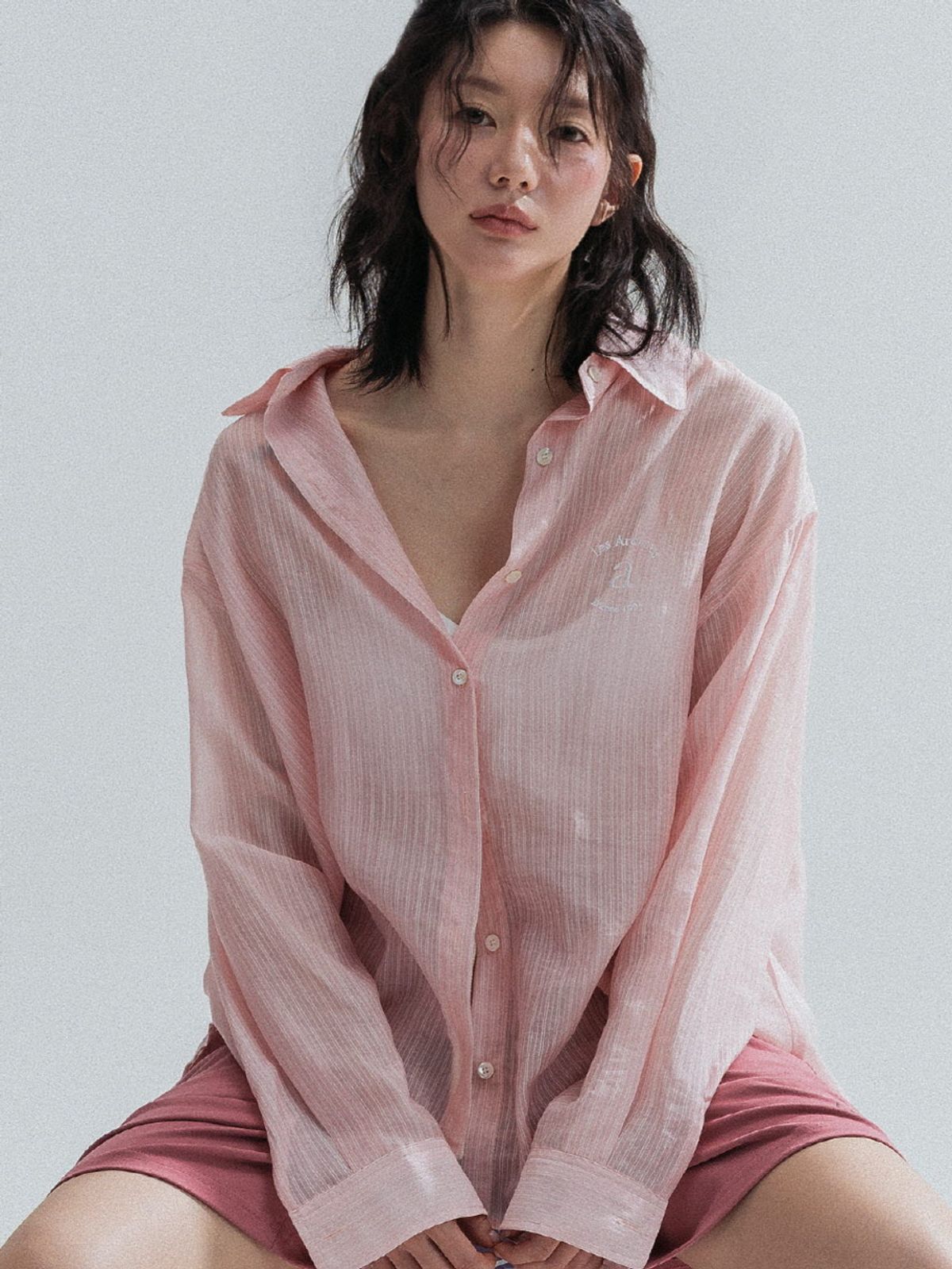 앤하츠(ANNEHEARTS) Pinstripe Sheer Shirt_PINK