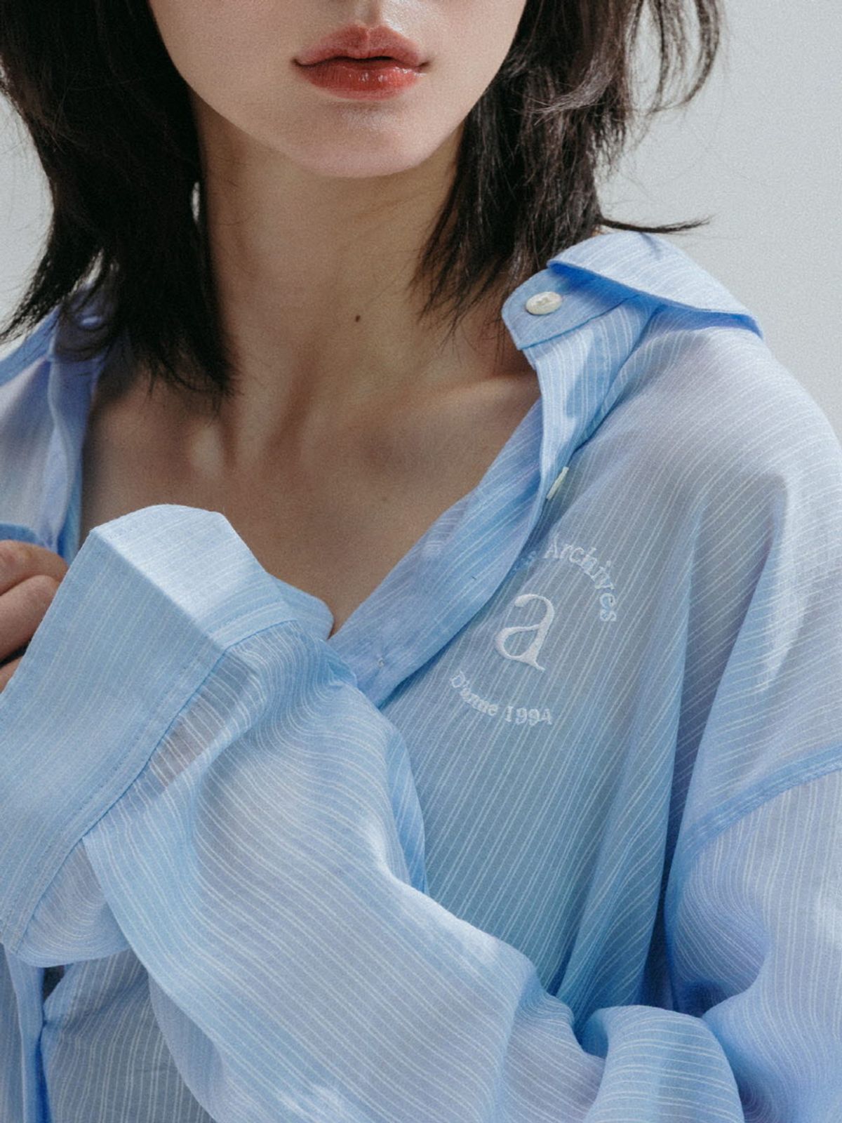 앤하츠(ANNEHEARTS) Pinstripe Sheer Shirt_BLUE
