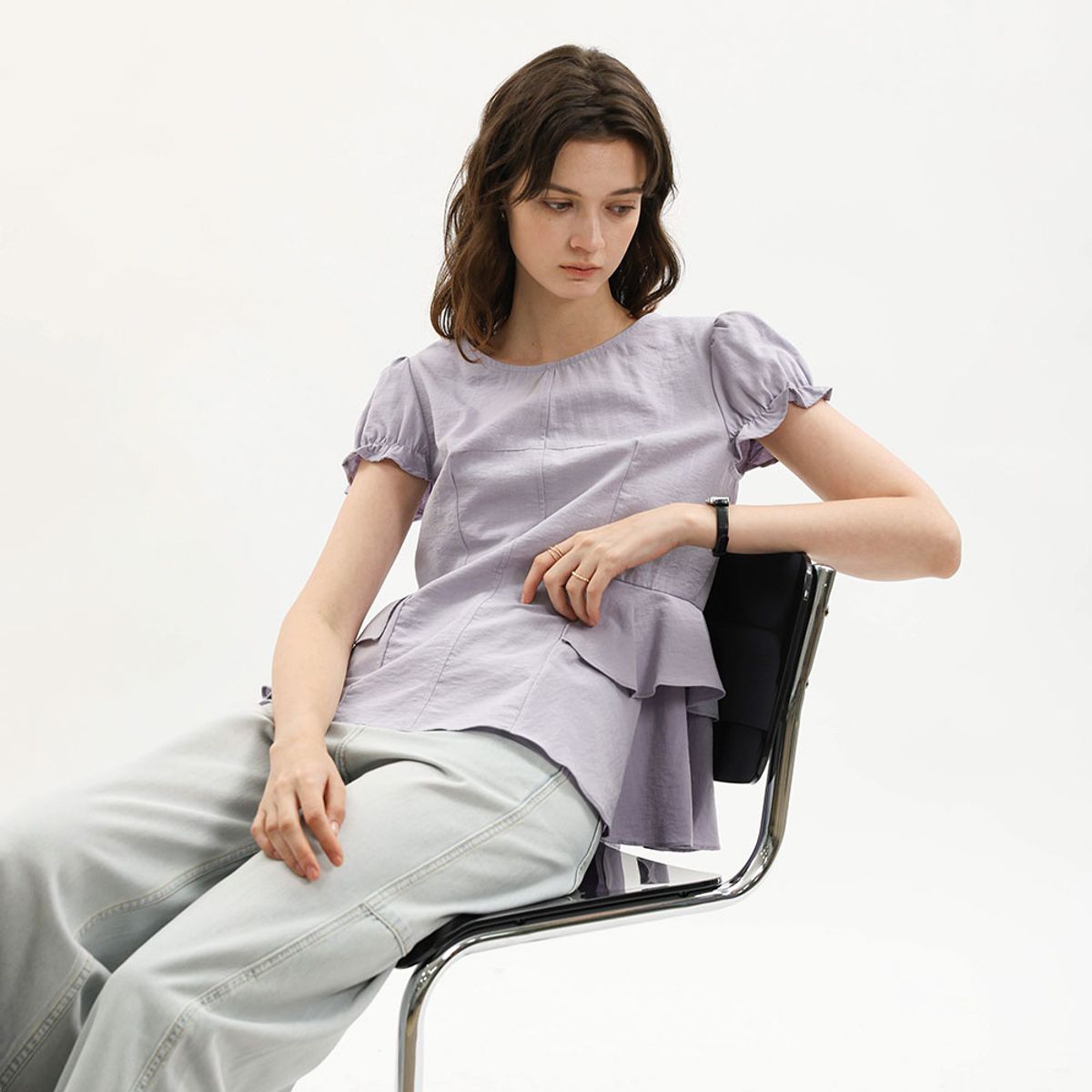 웬스데이딜라잇(WEDNESDAY DELIGHT) WD_Peplum puff sleeve blouse_PURPLE