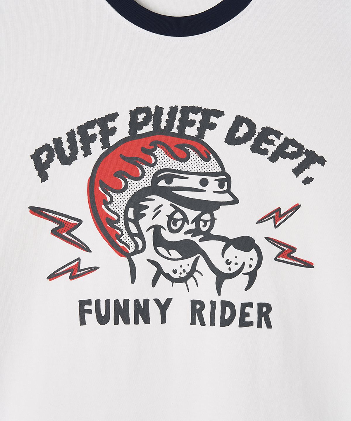 퍼프퍼프뎁트(PUFF PUFF DEPT) FUNNY RIDER Ringer T-shirt IVORY