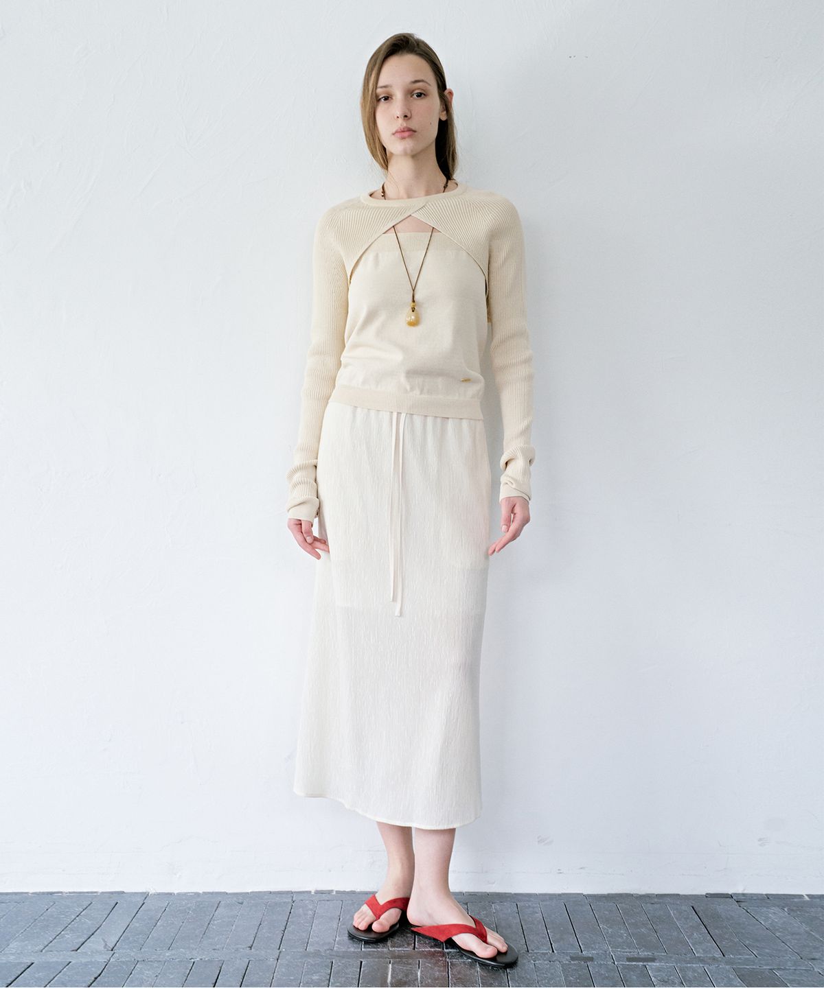 르메메(LEMEME) Rive String Midi Skirt Pleats Cream