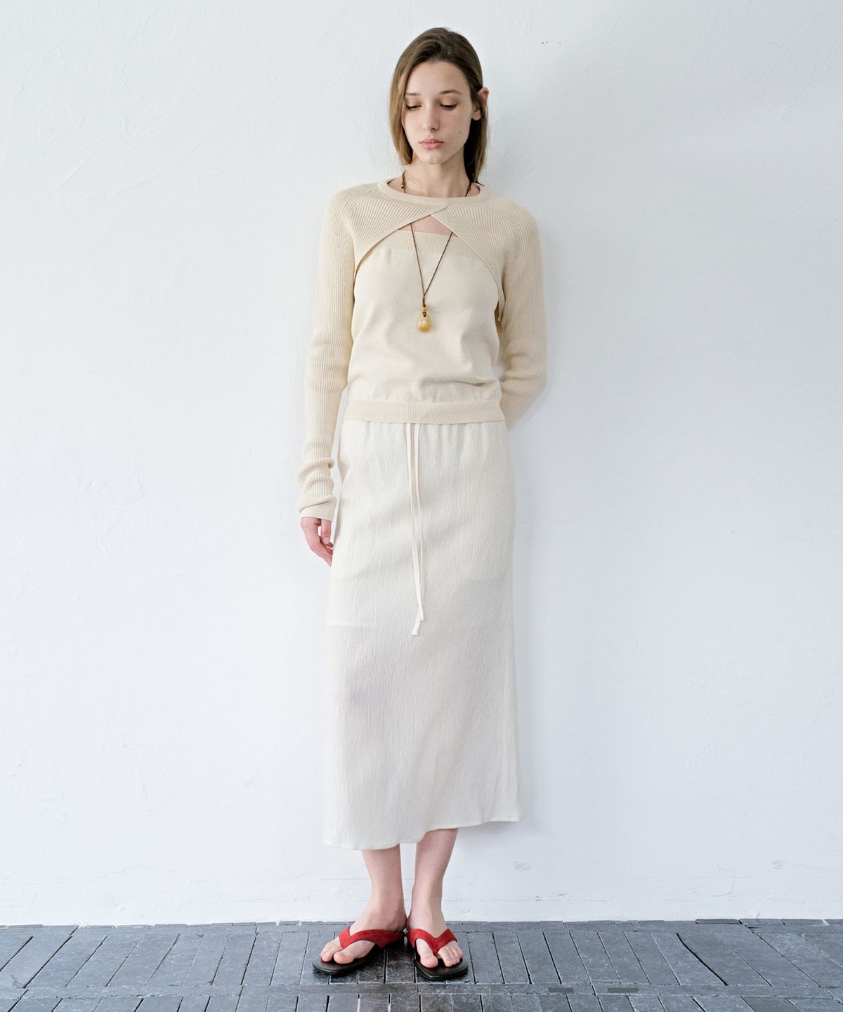 르메메(LEMEME) Rive String Midi Skirt Pleats Cream