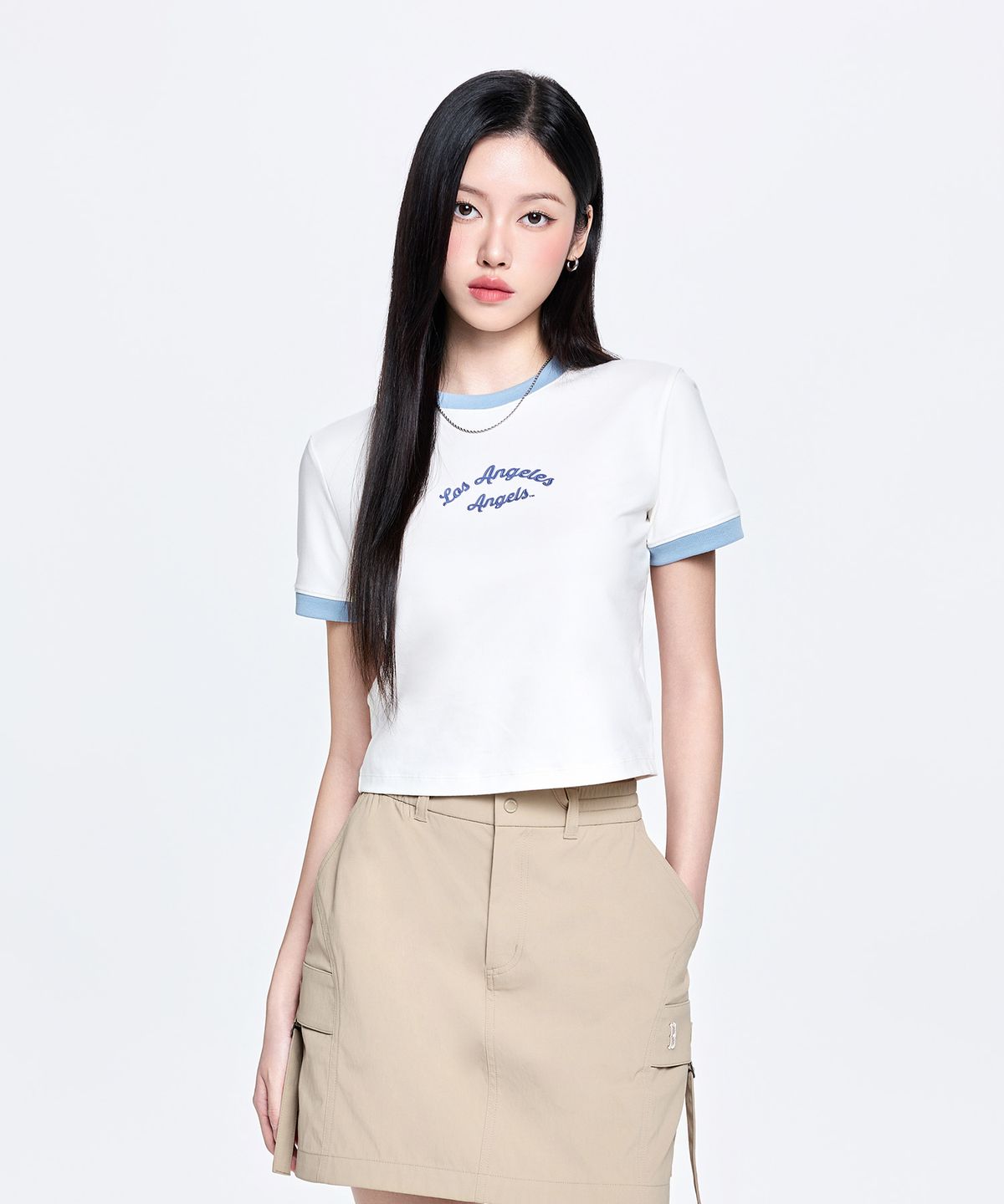 엠엘비(MLB) 여성 스포티브 레터링 슬림 크롭 링거 티셔츠 LA (Cream)