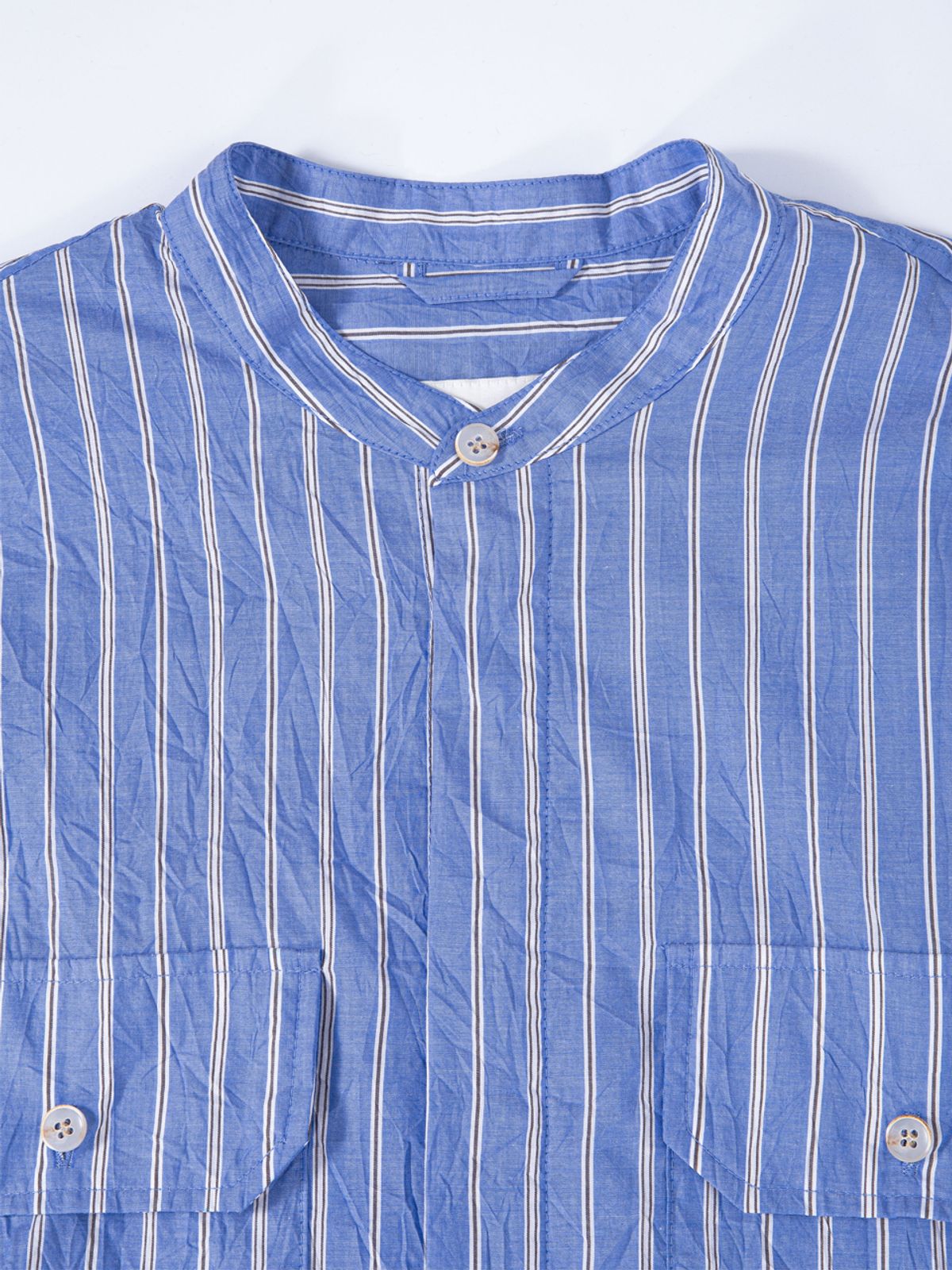 밀라코드(MILACODE) Pin Stripe(Creased effect) Band Collar Shirt - BLUE
