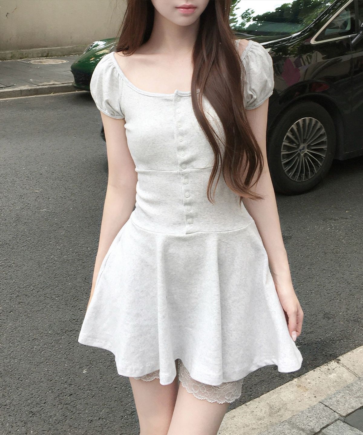 위스페어리(WHISFAIRY) Button Flare Dress - MELANGE GRAY