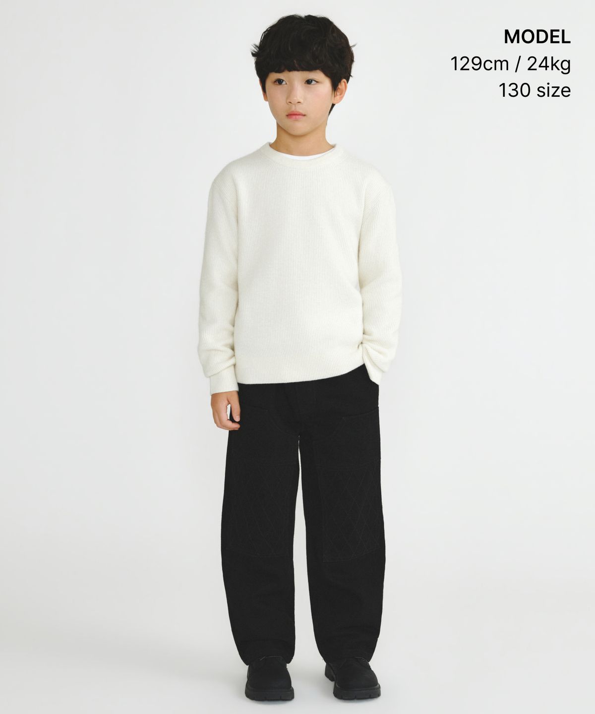 무신사 스탠다드 키즈(MUSINSA STANDARD KIDS) [빅토리아 울] 미니멀 리브드 크루 넥 니트 [크림]
