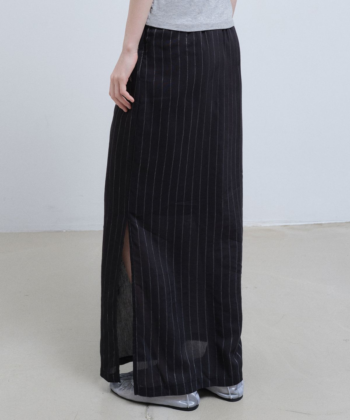 닉앤니콜(NICK&NICOLE) LINEN STRIPE LONG SKIRT_BLACK