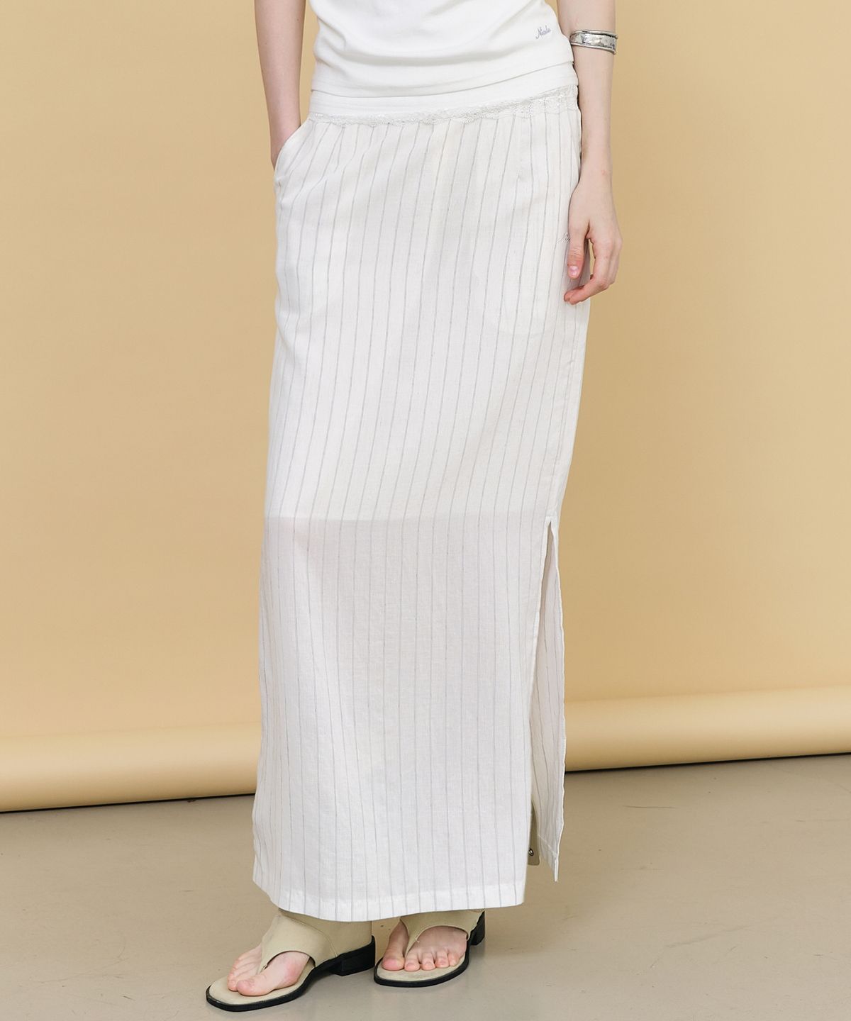 닉앤니콜(NICK&NICOLE) LINEN STRIPE LONG SKIRT_IVORY