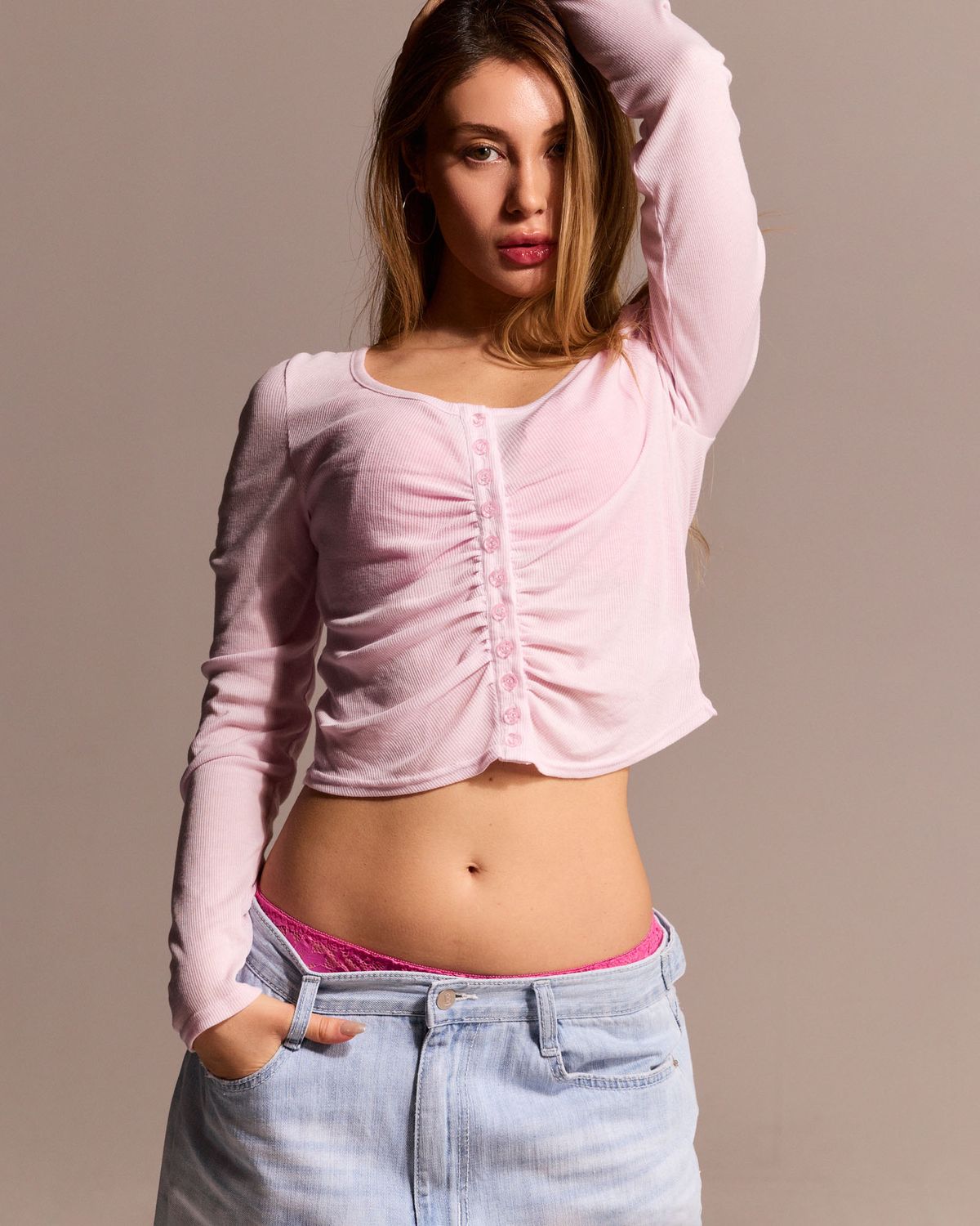 쿨시스(COOLSIS) CS SHIRRING CROP CARDIGAN-028 (PINK)
