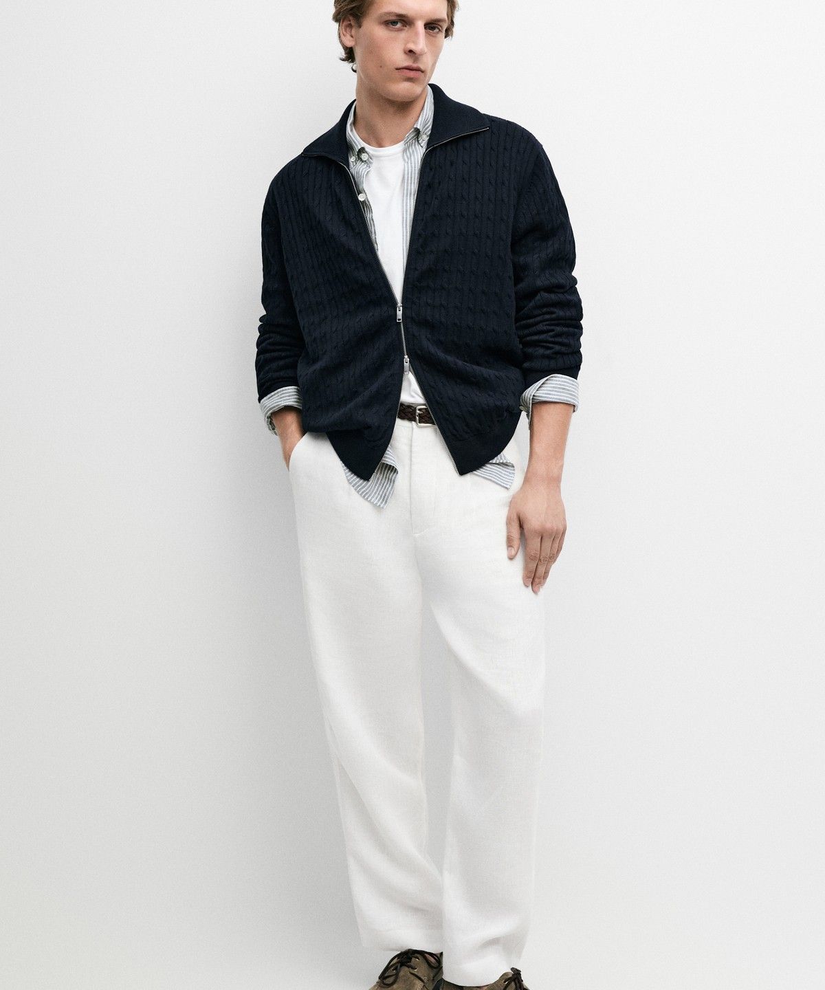 마시모두띠(MASSIMO DUTTI) 100% 코튼 브레이드 니트 가디건