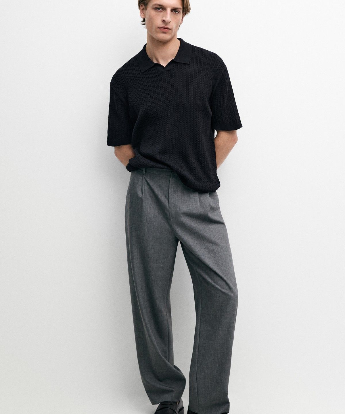 마시모두띠(MASSIMO DUTTI) 100% 코튼 케이블 니트 폴로 스웨터