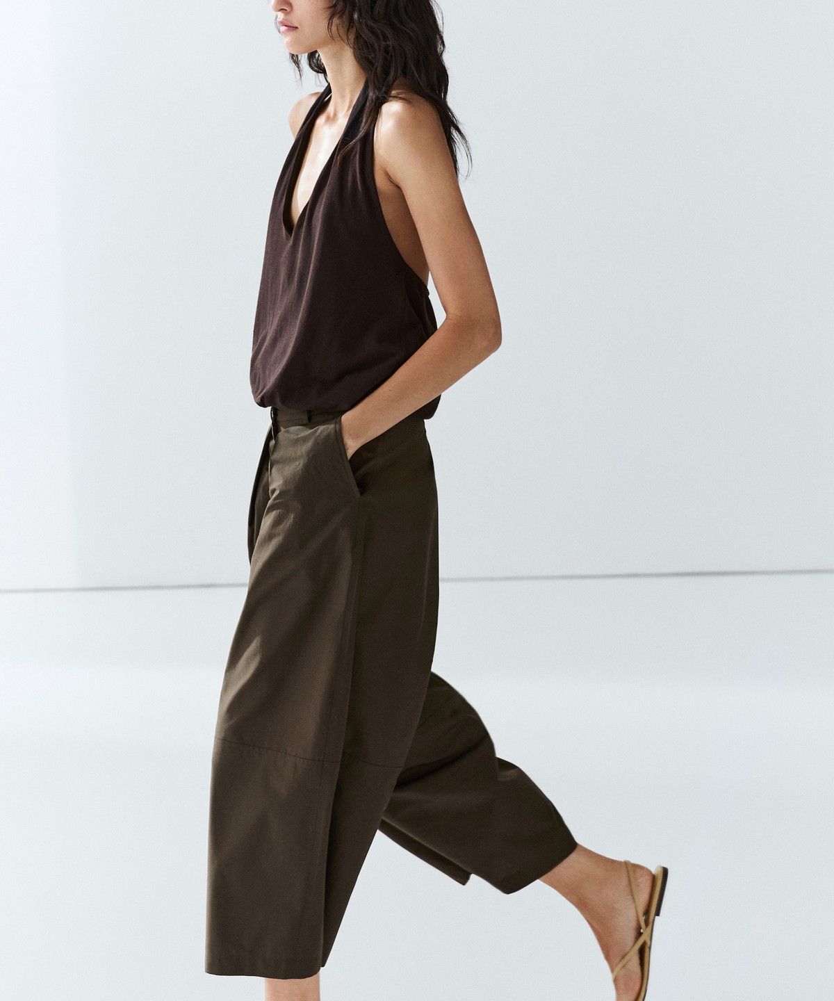 마시모두띠(MASSIMO DUTTI) 코튼 포플린 혼방 와이드 팬츠