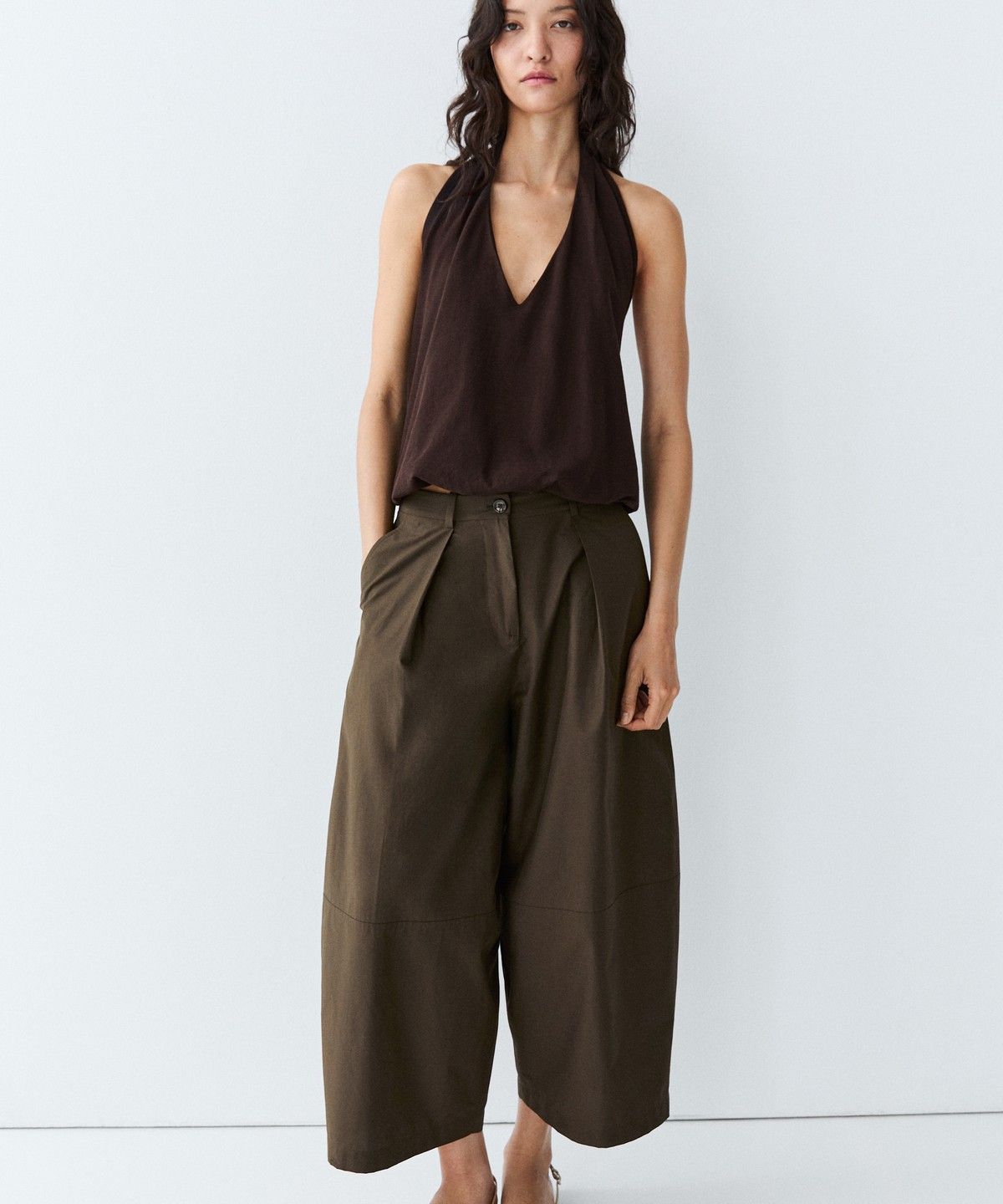 마시모두띠(MASSIMO DUTTI) 코튼 포플린 혼방 와이드 팬츠