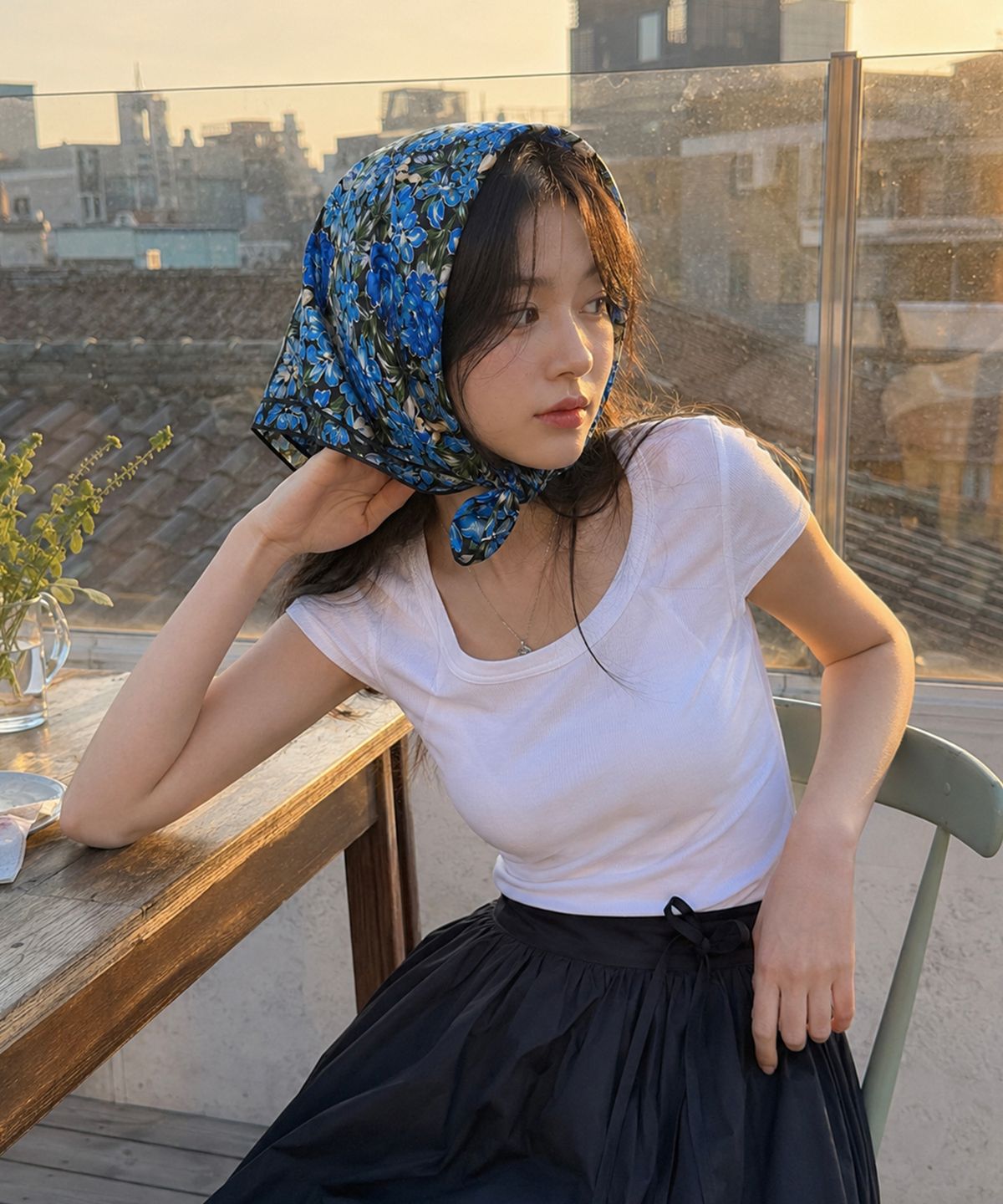 콜릿(KOLEAT) 자외선차단 반다나 페이즐리 플라워 헤어두건 손수건 [Black_blue]