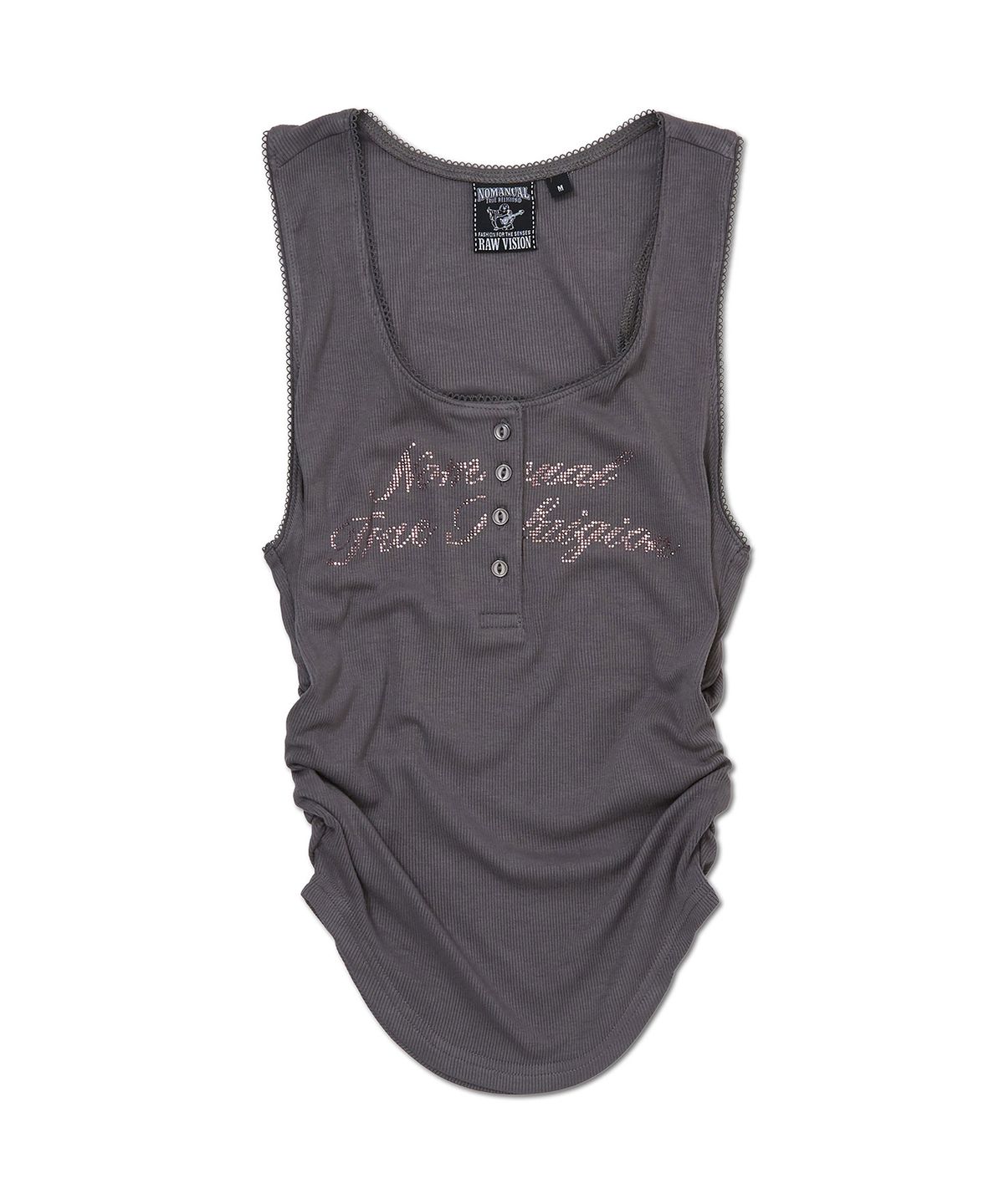 노매뉴얼(NOMANUAL) NO RELIGION SHIRRING SLEEVELESS TEE - CHARCOAL