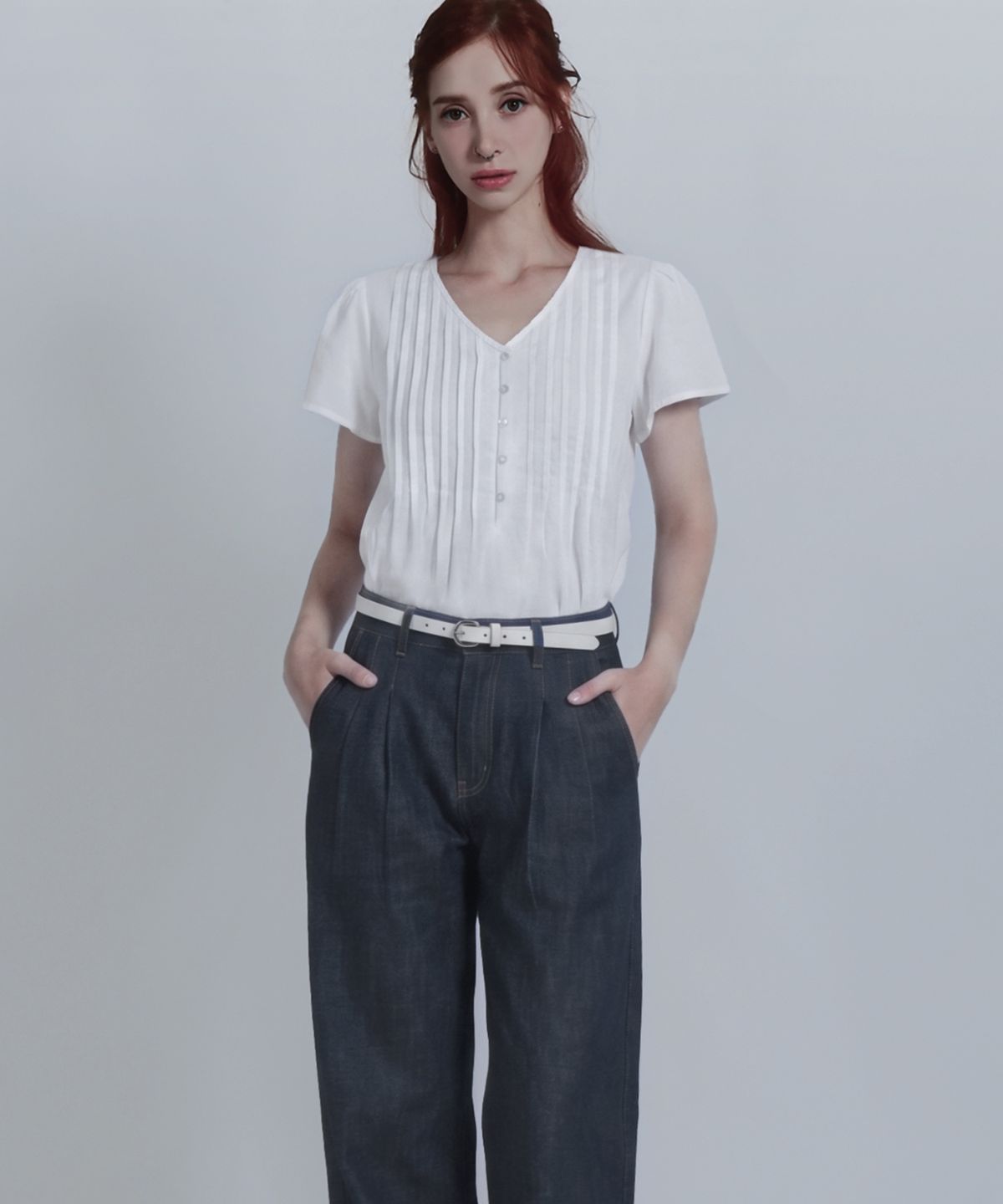 클레이스(CLACE) 브이넥 퍼프소매 반팔 블라우스_블루